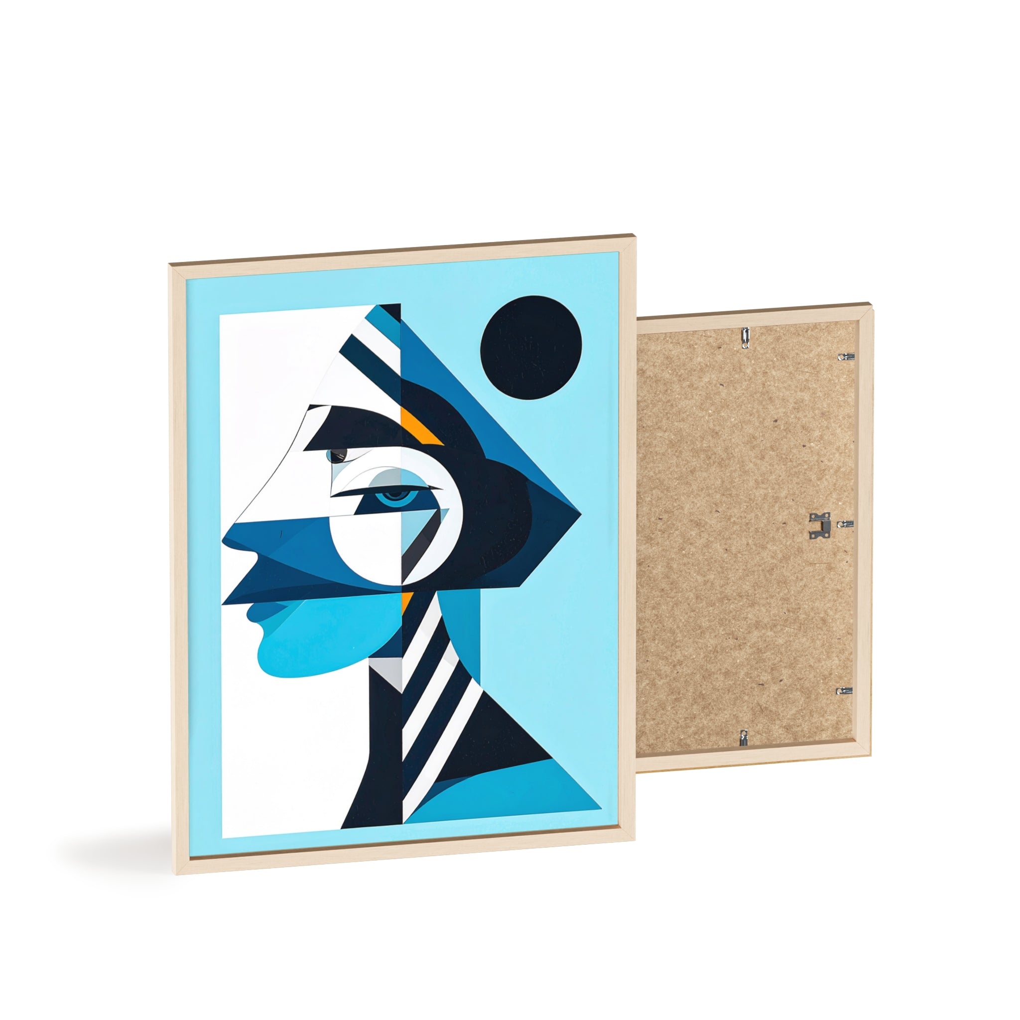 Abstract Geometric Portrait Poster with Wooden Frame — Blue Modern Wall Art