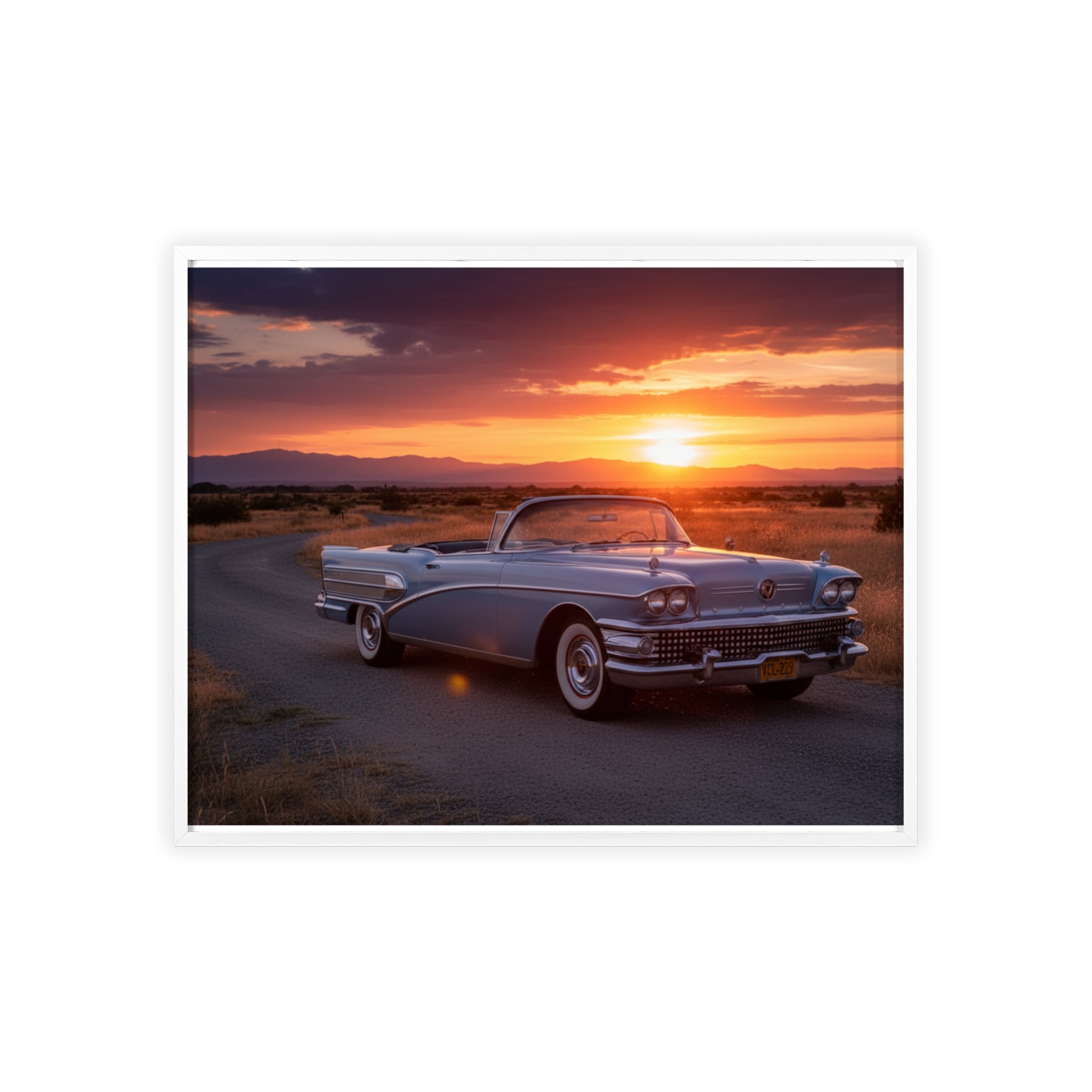 Vintage Convertible Sunset Poster with Wooden Frame