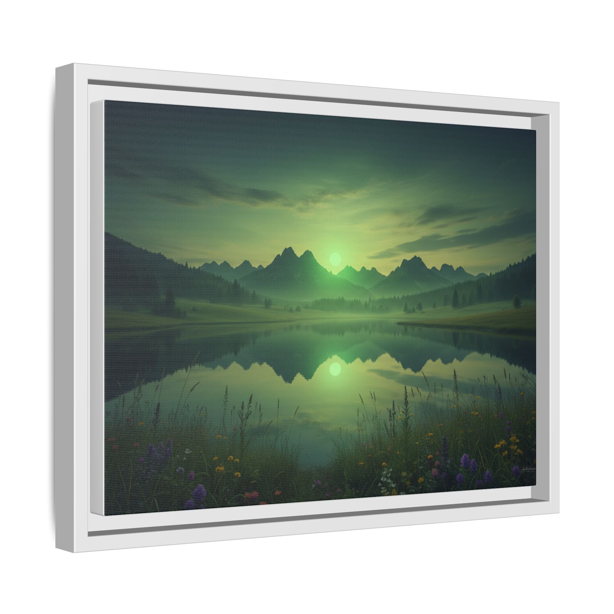 Framed Matte Canvas Print — Serene Green Mountain Lake Landscape