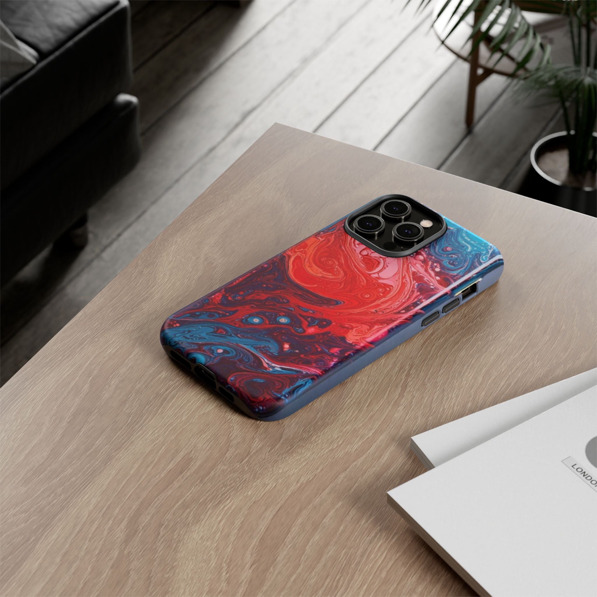 Abstract Red & Blue Swirl Tough Phone Case — Protective iPhone Cover with Fluid Art Design
