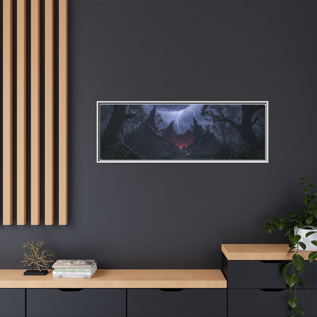 Dark Storm Forest Framed Canvas Print — Lightning, Haunted Castle Art