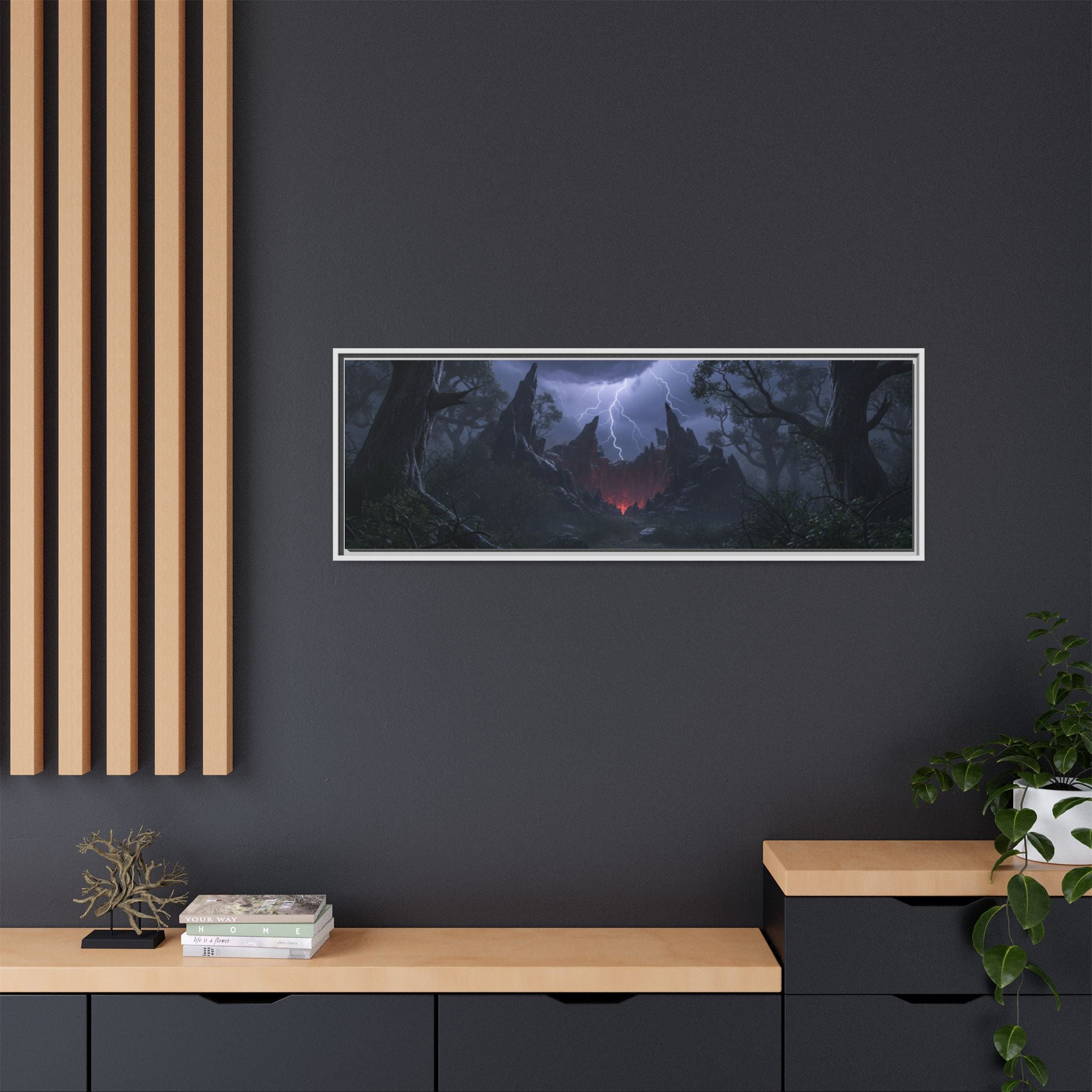 Dark Storm Forest Framed Canvas Print — Lightning, Haunted Castle Art