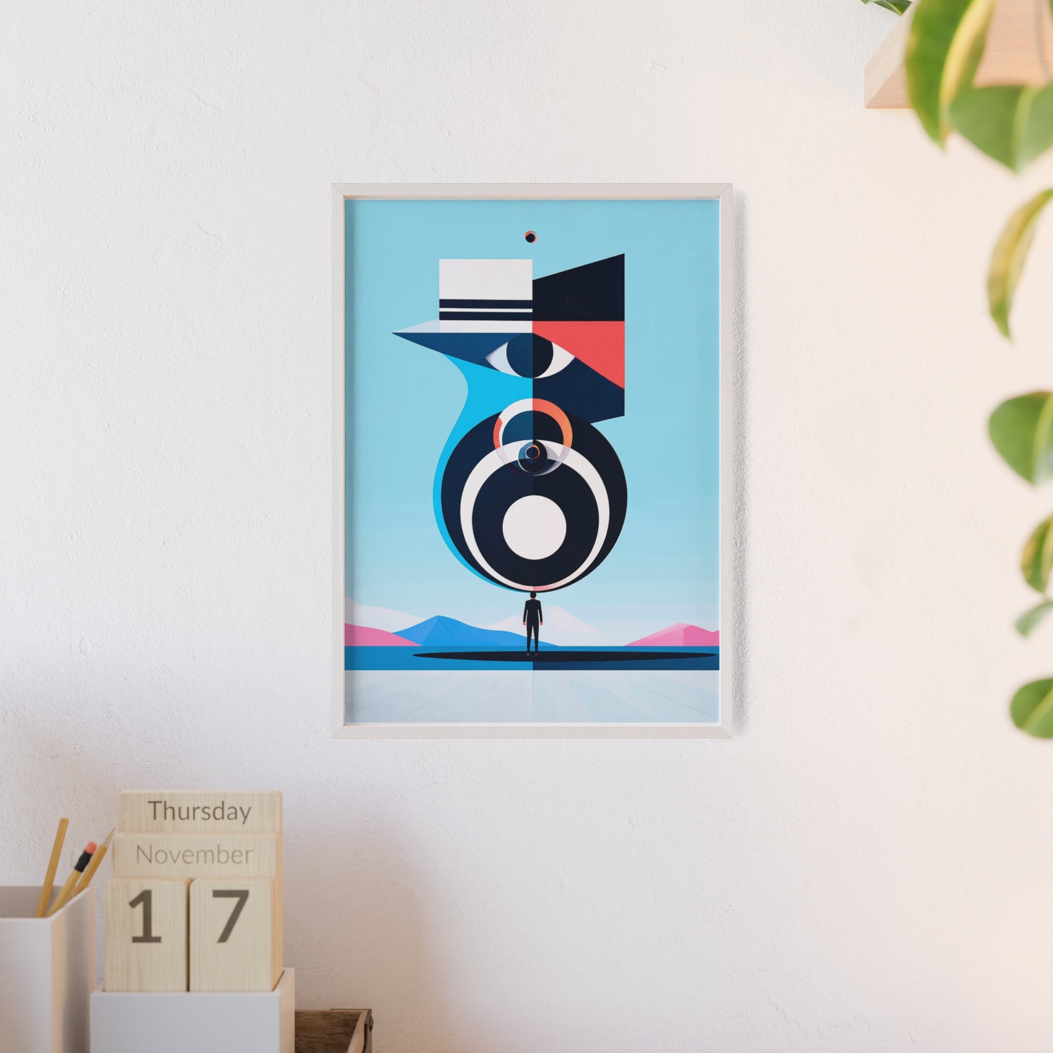Abstract Geometric Bird Poster with Wooden Frame — Modern Minimalist Wall Art
