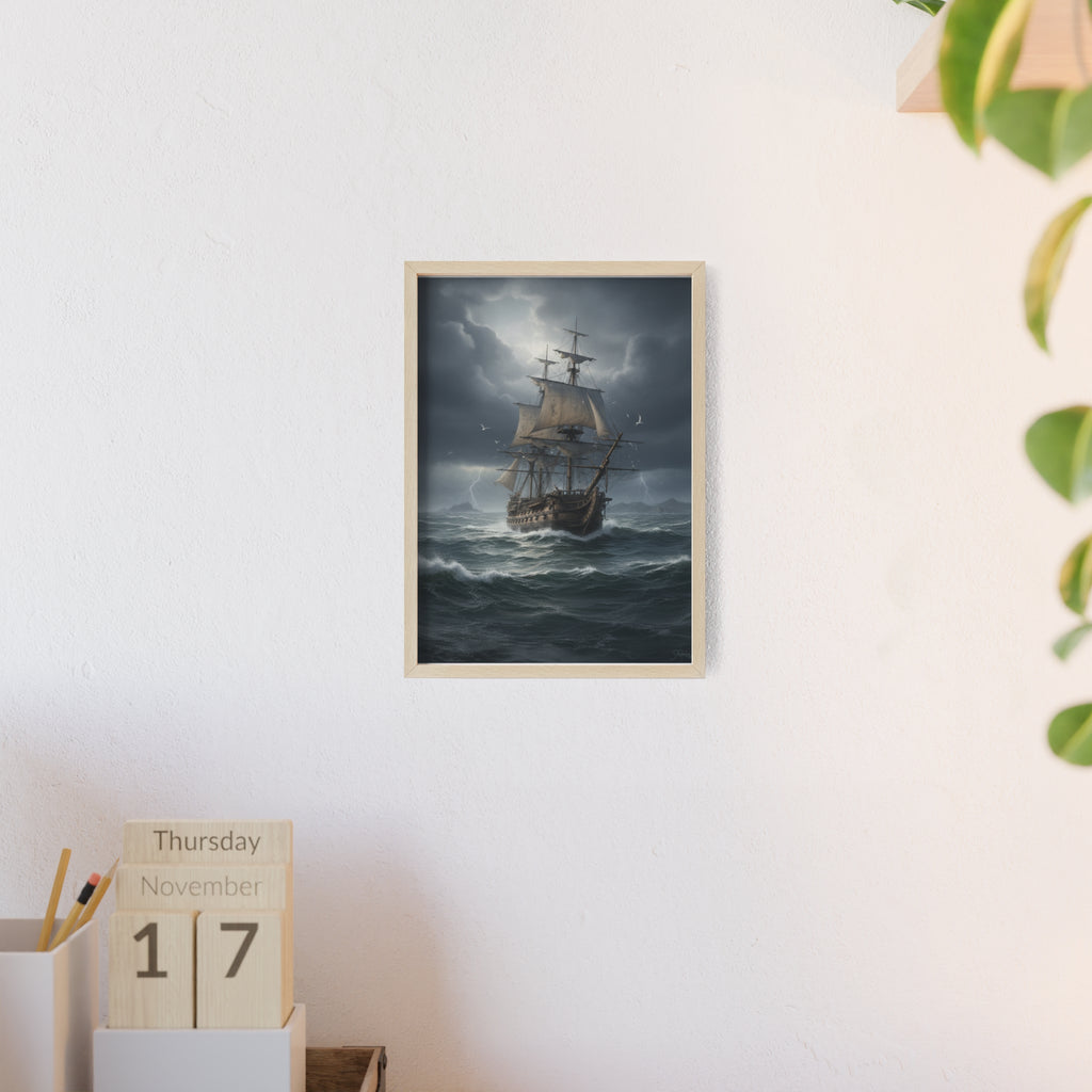 Framed Stormy Sea Ship Poster — Nautical Wall Art with Wooden Frame