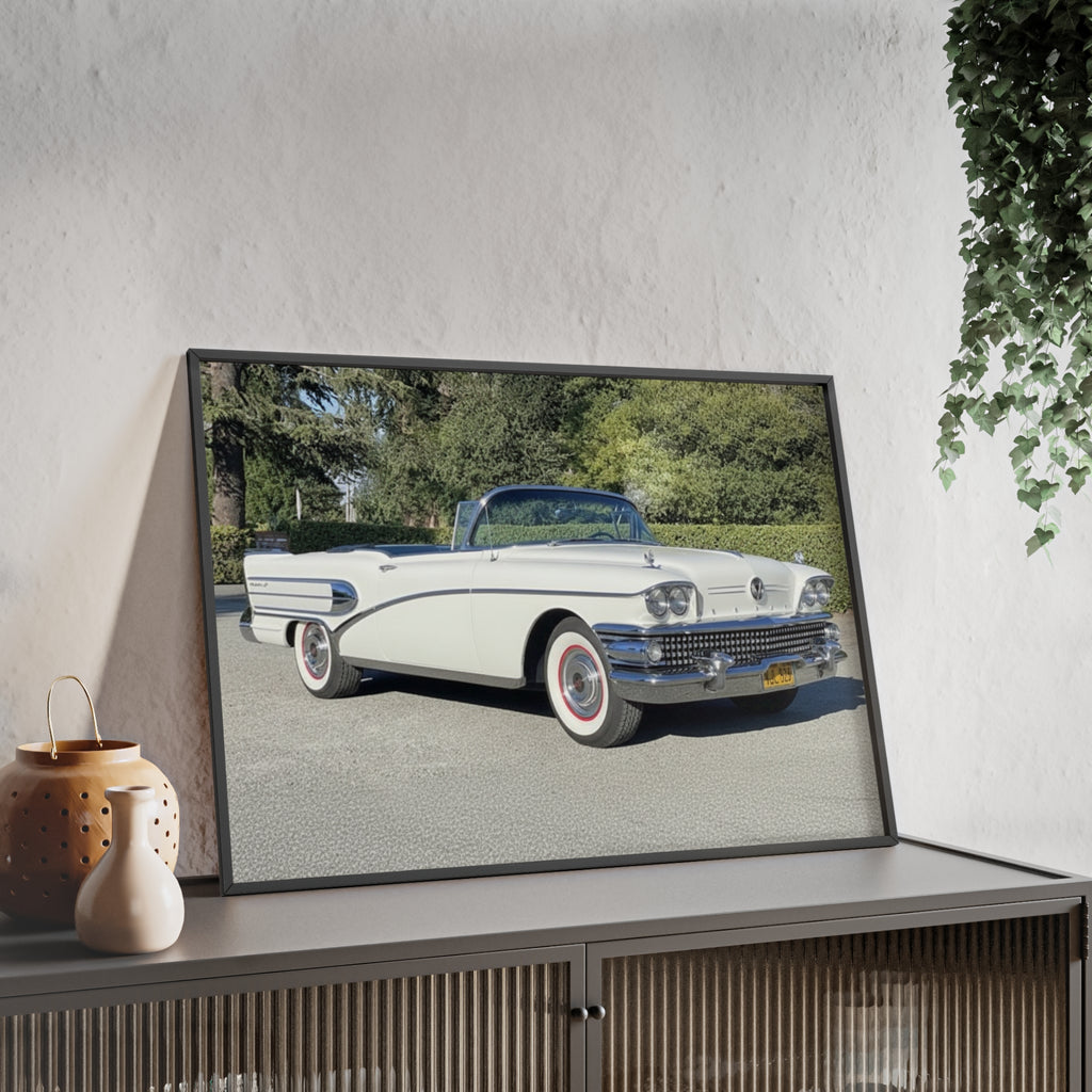Classic White Convertible Car Poster with Wooden Frame — Vintage Auto Wall Art