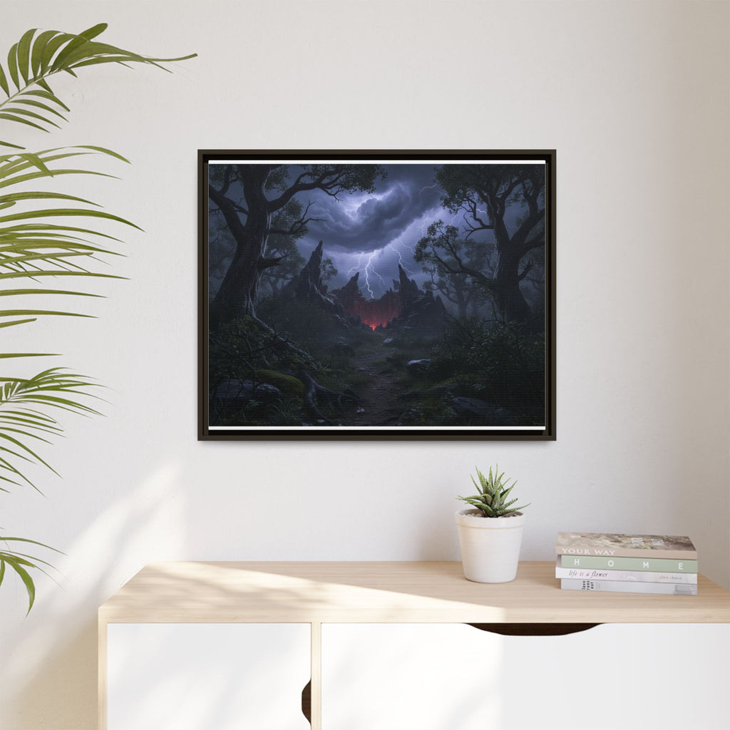 Dark Storm Forest Framed Canvas Print — Lightning, Haunted Castle Art