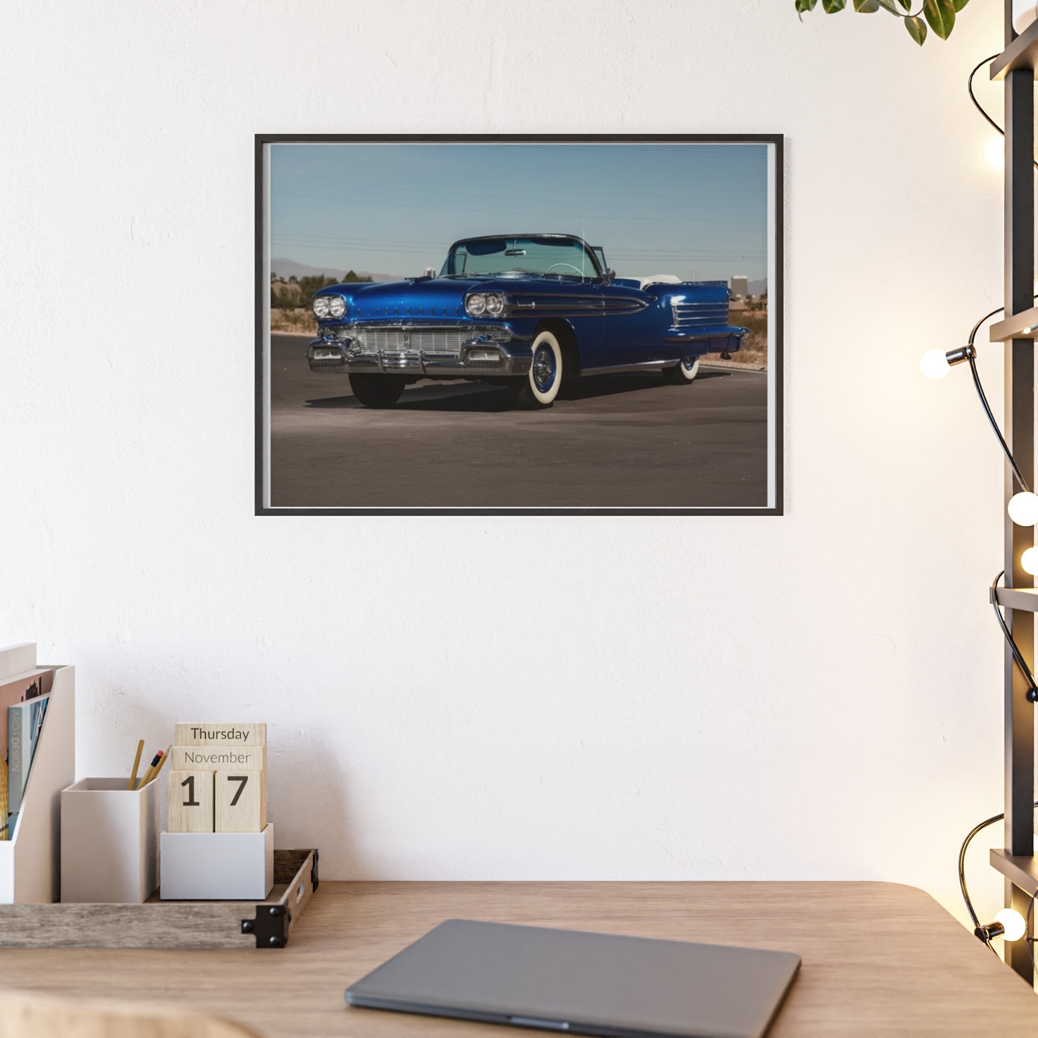 Framed Vintage Blue Classic Car Poster — Retro Automobile Wall Art