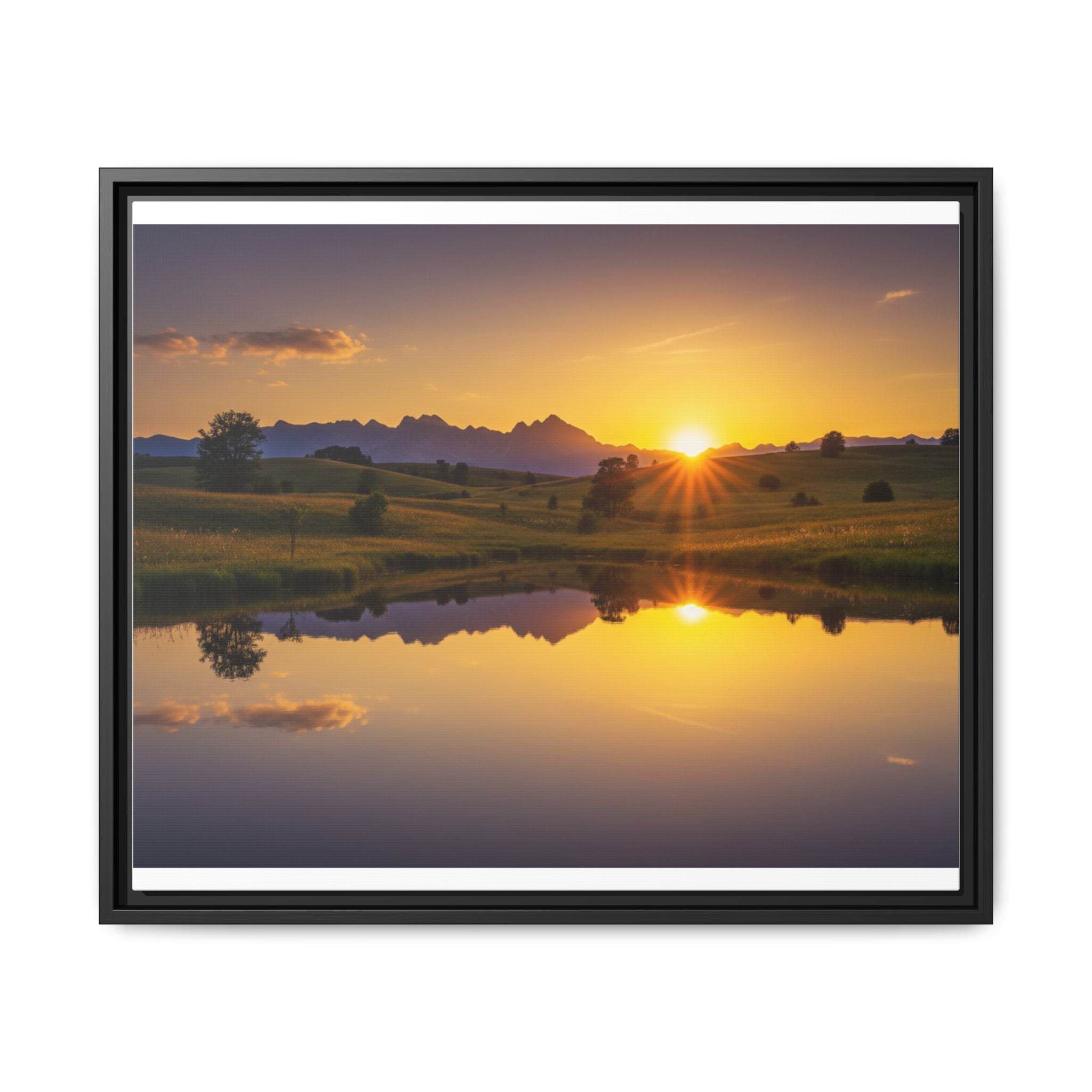 Framed Matte Canvas Sunset Landscape — Serene Lake Reflection Wall Art