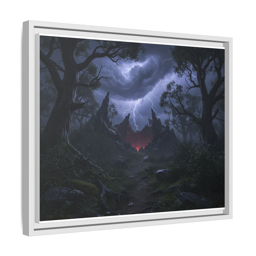 Dark Storm Forest Framed Canvas Print — Lightning, Haunted Castle Art