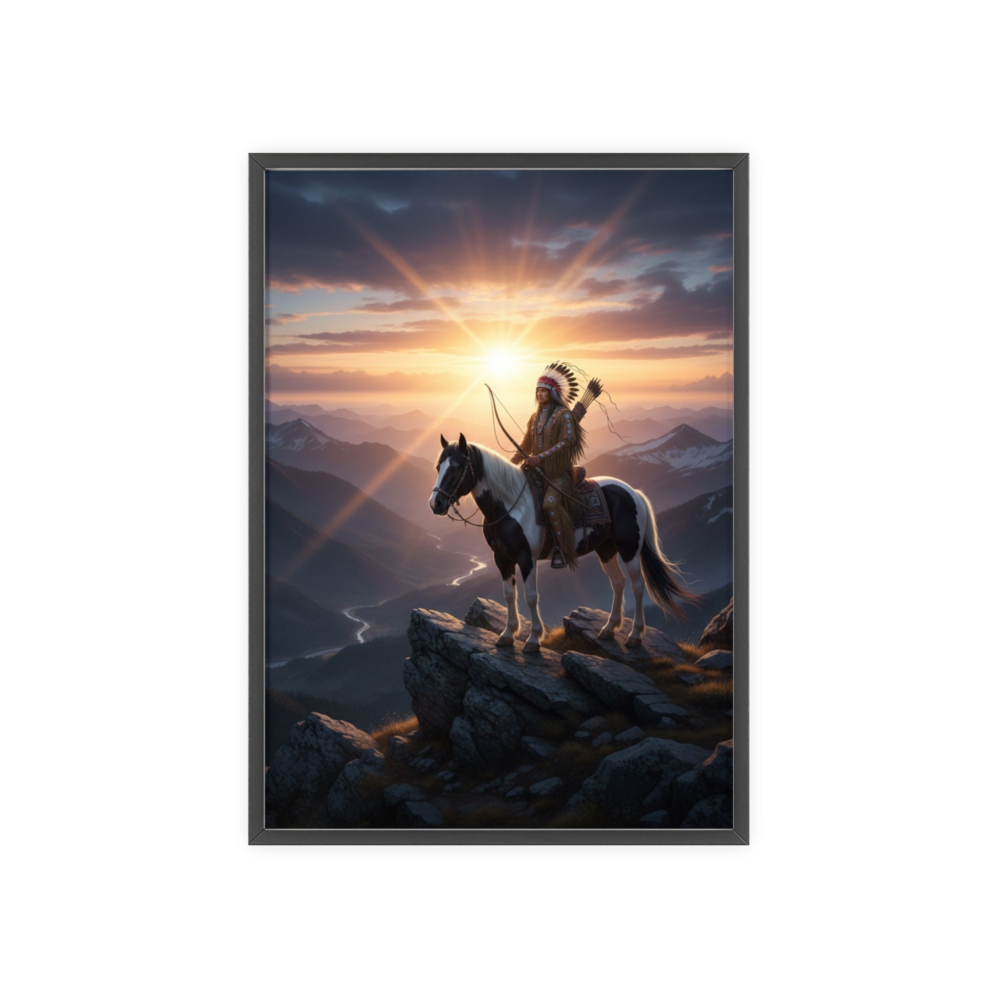 Native American Warrior on Horse Framed Poster — Scenic Sunrise Wall Art