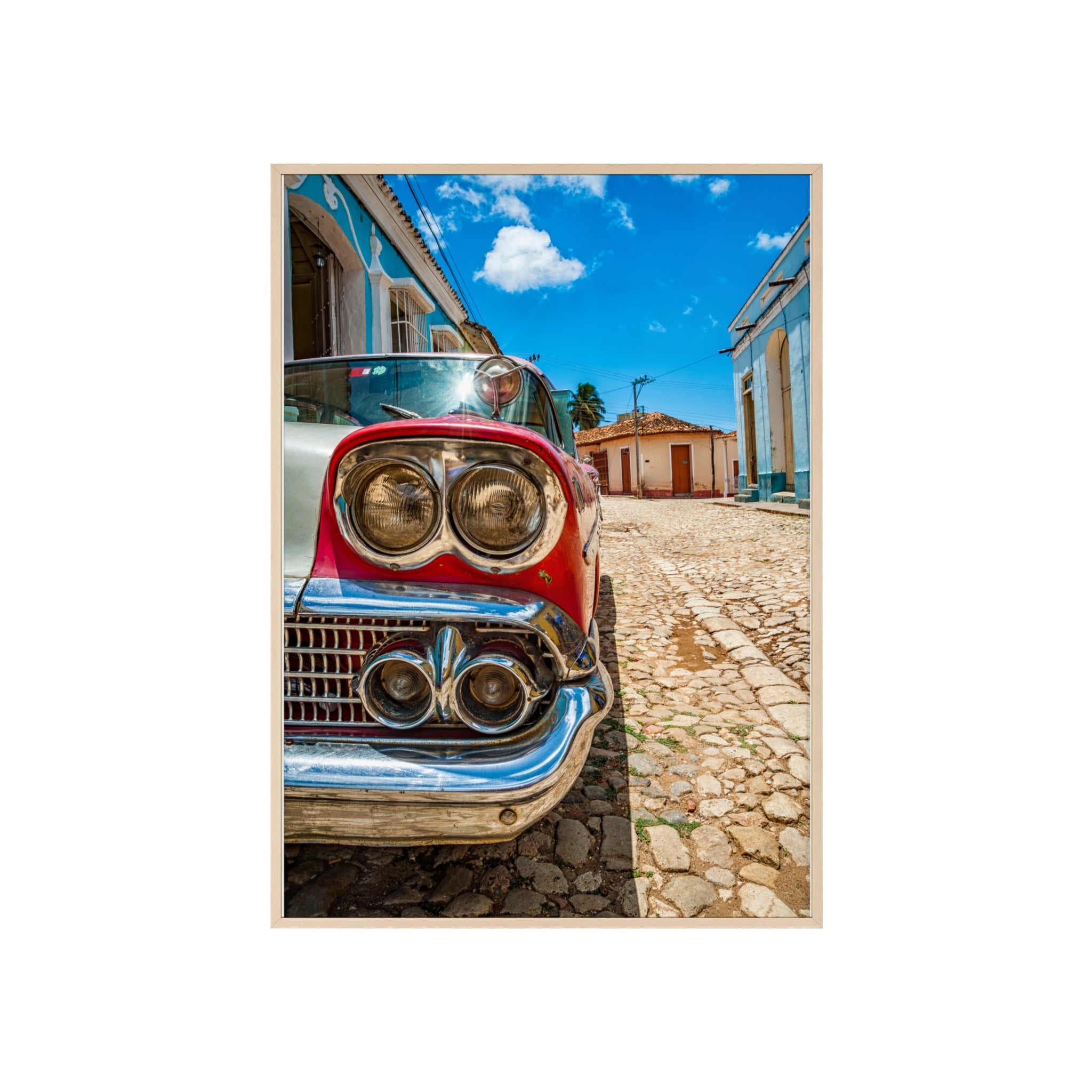 Vintage Classic Car Poster with Wooden Frame — Retro Cuba Street Photography Wall Art