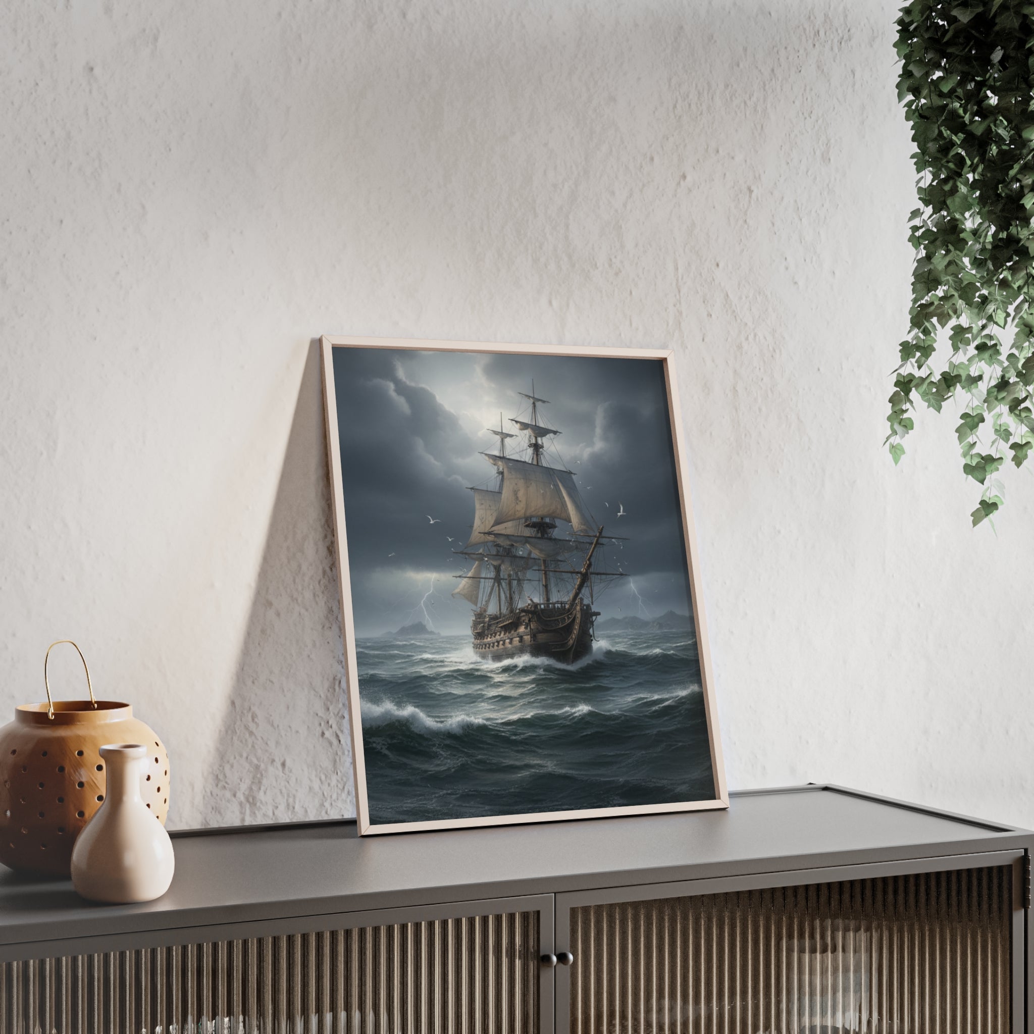 Framed Stormy Sea Ship Poster — Nautical Wall Art with Wooden Frame