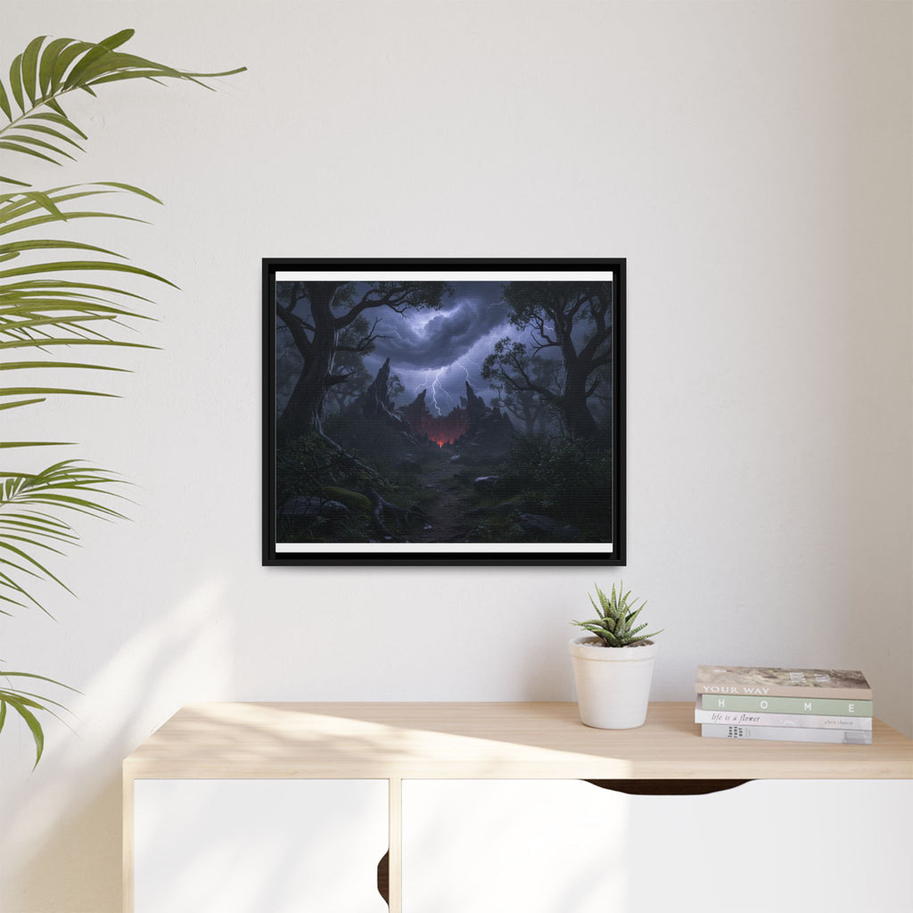Dark Storm Forest Framed Canvas Print — Lightning, Haunted Castle Art