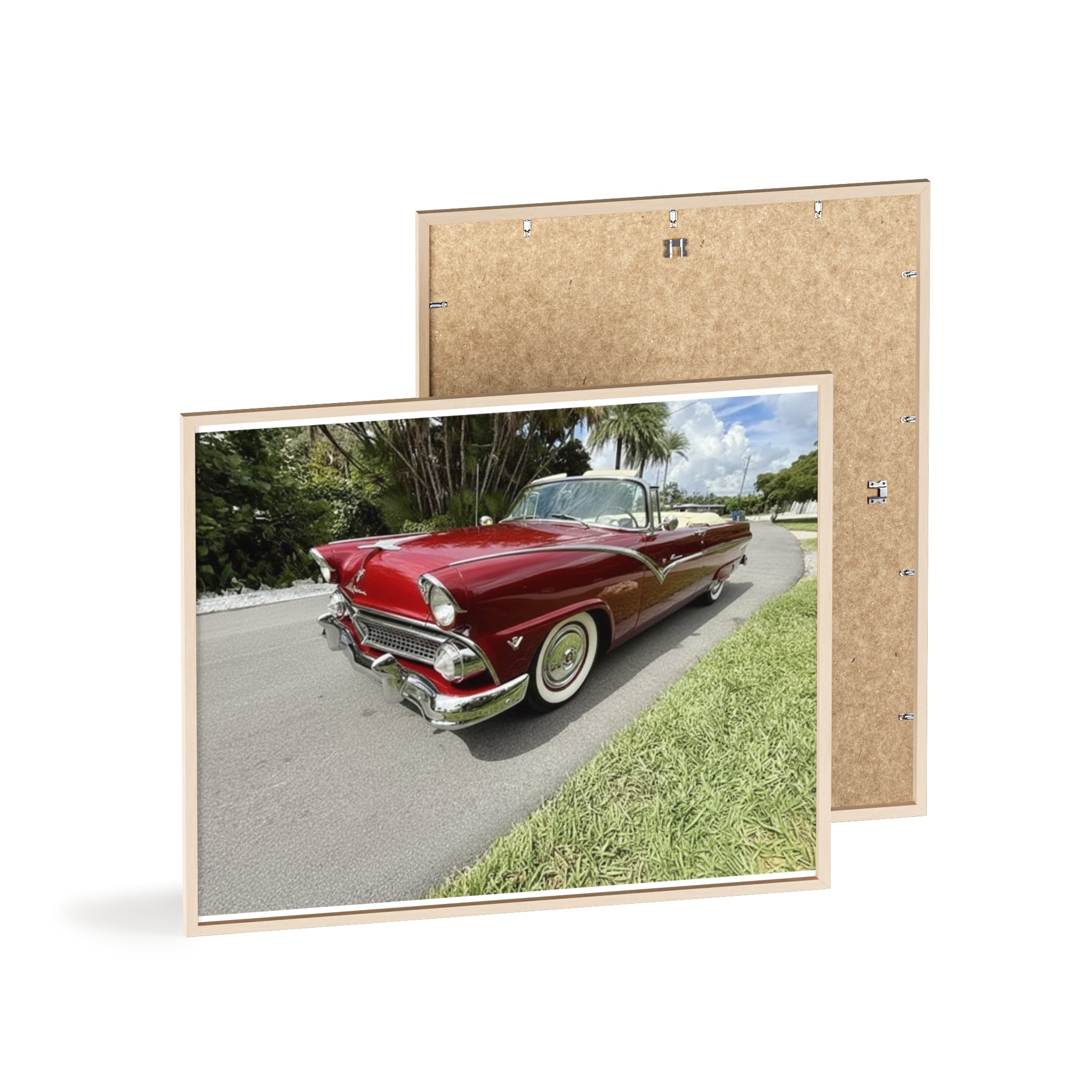 Vintage Red Convertible Poster with Wooden Frame — Classic Car Wall Art