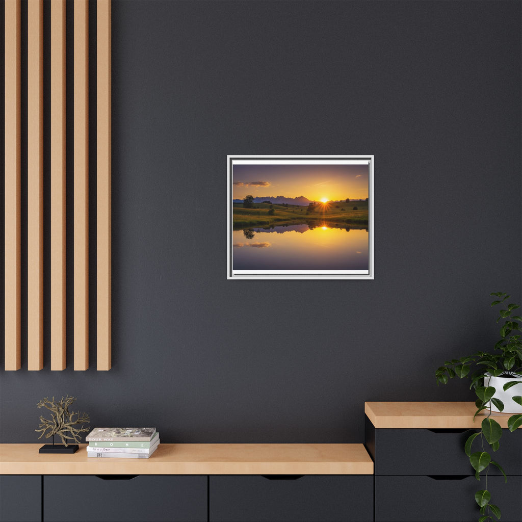 Framed Matte Canvas Sunset Landscape — Serene Lake Reflection Wall Art