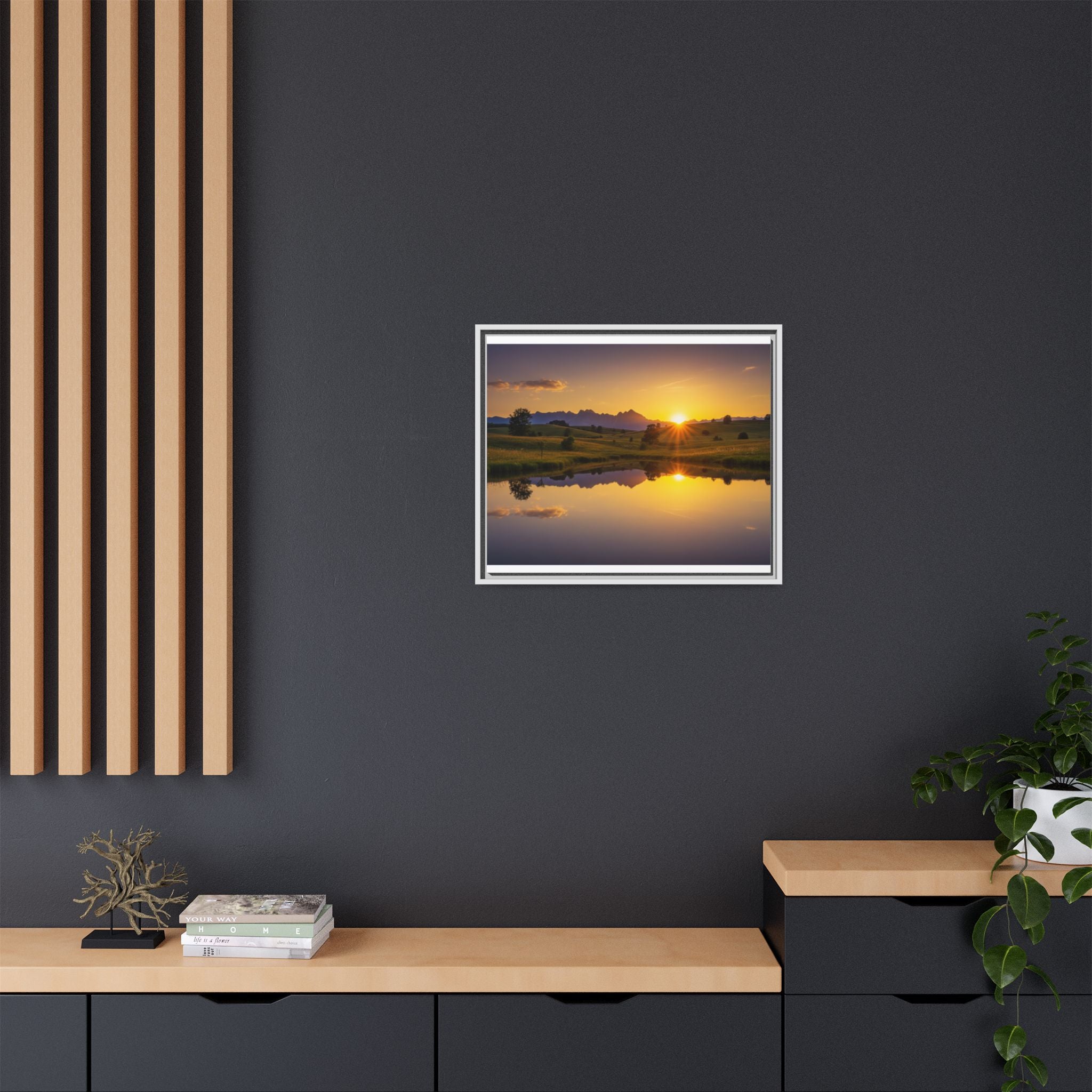 Framed Matte Canvas Sunset Landscape — Serene Lake Reflection Wall Art
