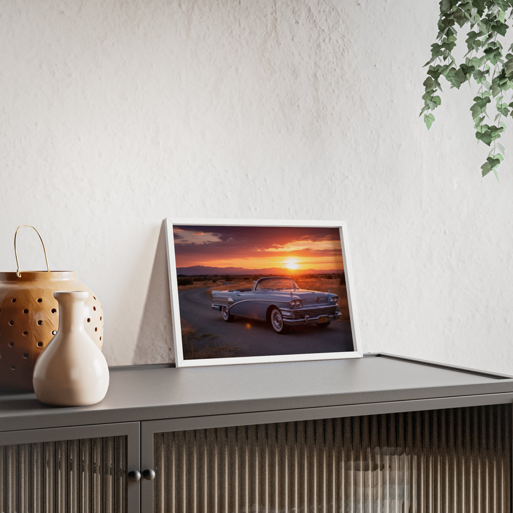 Vintage Convertible Sunset Poster with Wooden Frame