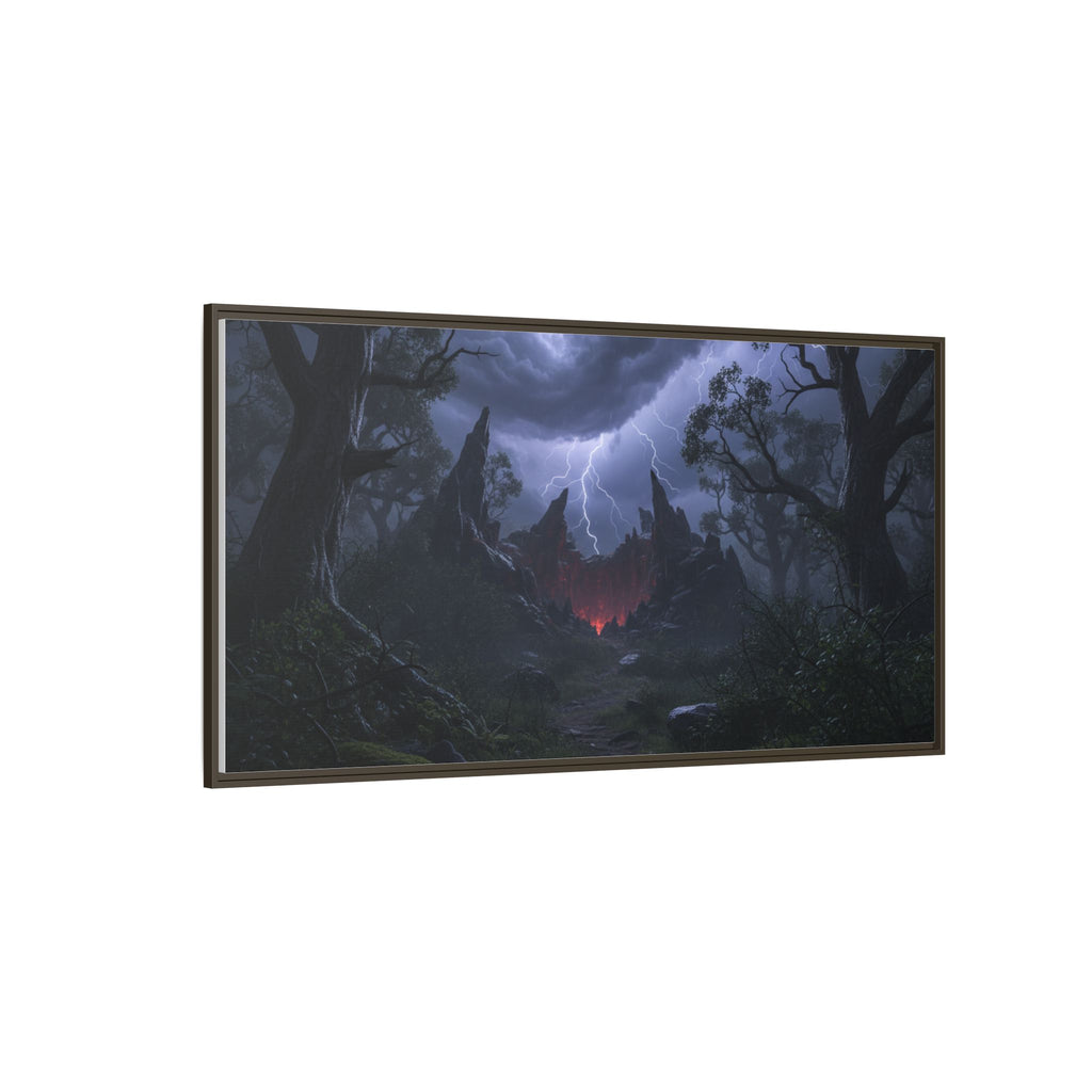 Dark Storm Forest Framed Canvas Print — Lightning, Haunted Castle Art