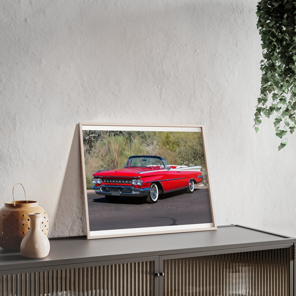Vintage Red Convertible Car Poster with Wooden Frame — Classic Auto Wall Art