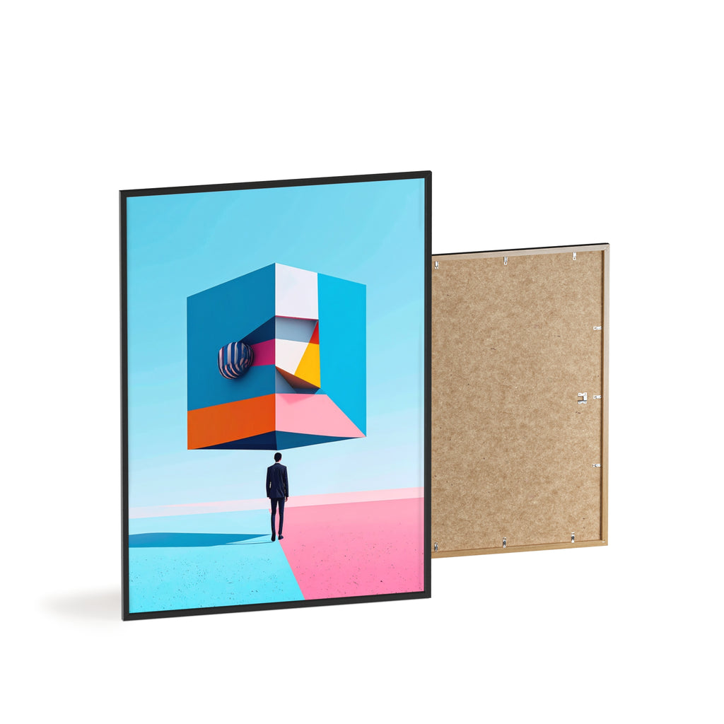 Surreal Geometric Art Poster with Wooden Frame — Modern Minimal Wall Decor
