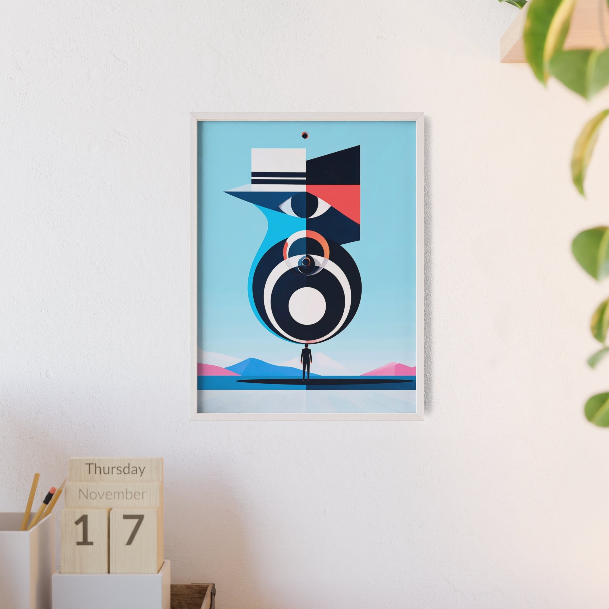 Abstract Geometric Bird Poster with Wooden Frame — Modern Minimalist Wall Art