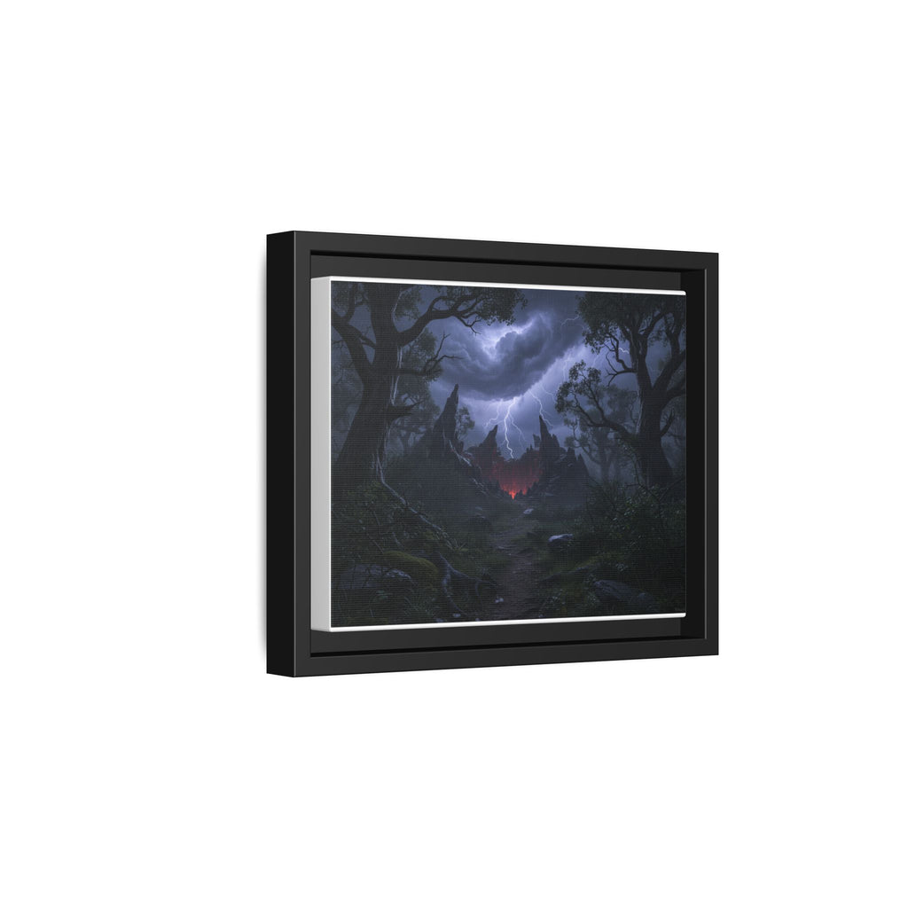 Dark Storm Forest Framed Canvas Print — Lightning, Haunted Castle Art