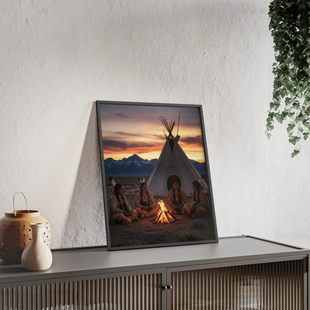 Framed Campfire Teepee Poster — Native Gathering Wall Art