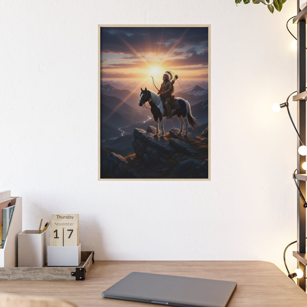Native American Warrior on Horse Framed Poster — Scenic Sunrise Wall Art