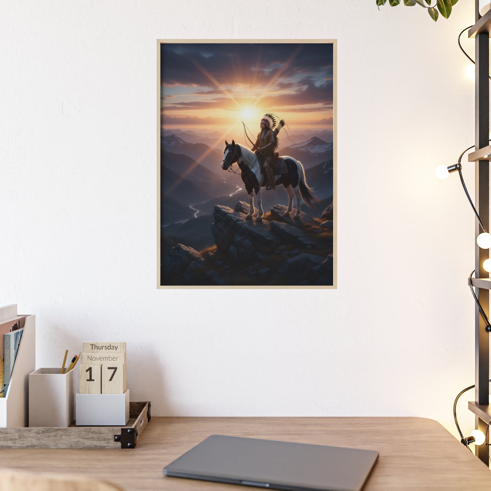 Native American Warrior on Horse Framed Poster — Scenic Sunrise Wall Art
