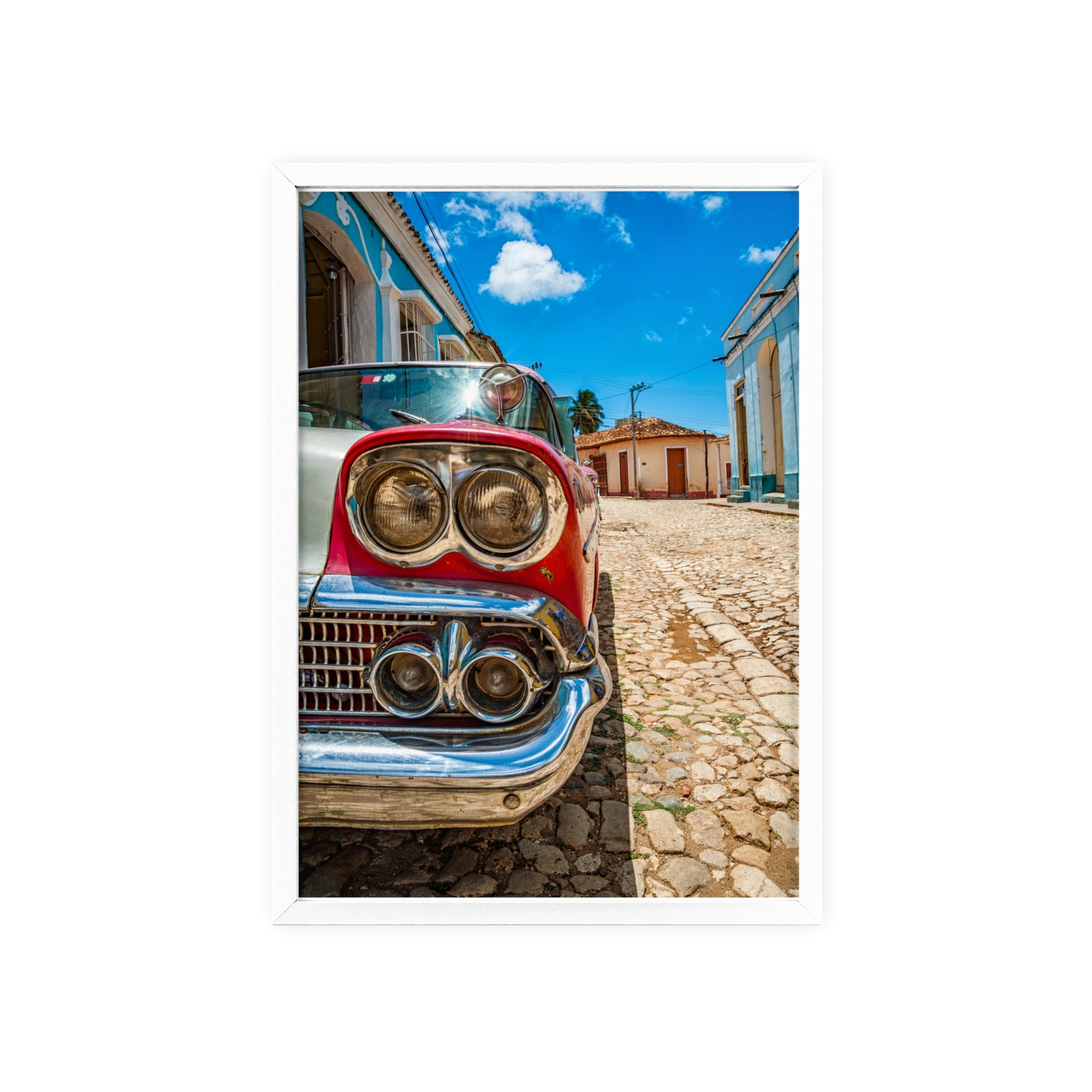 Vintage Classic Car Poster with Wooden Frame — Retro Cuba Street Photography Wall Art
