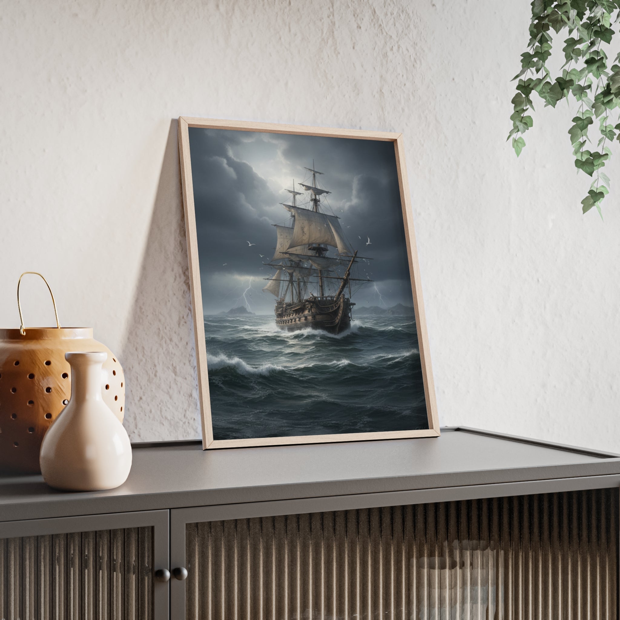 Framed Stormy Sea Ship Poster — Nautical Wall Art with Wooden Frame