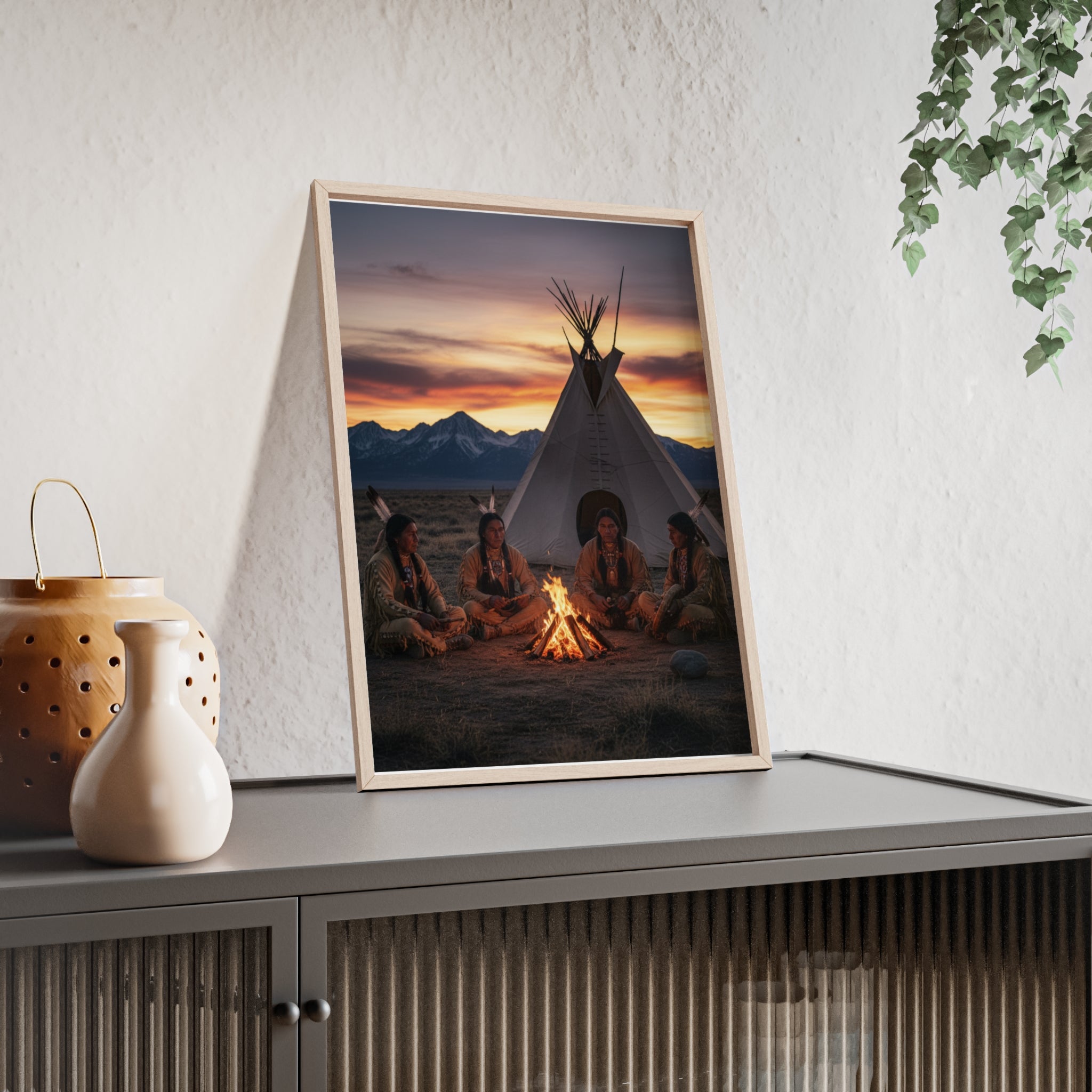 Framed Campfire Teepee Poster — Native Gathering Wall Art
