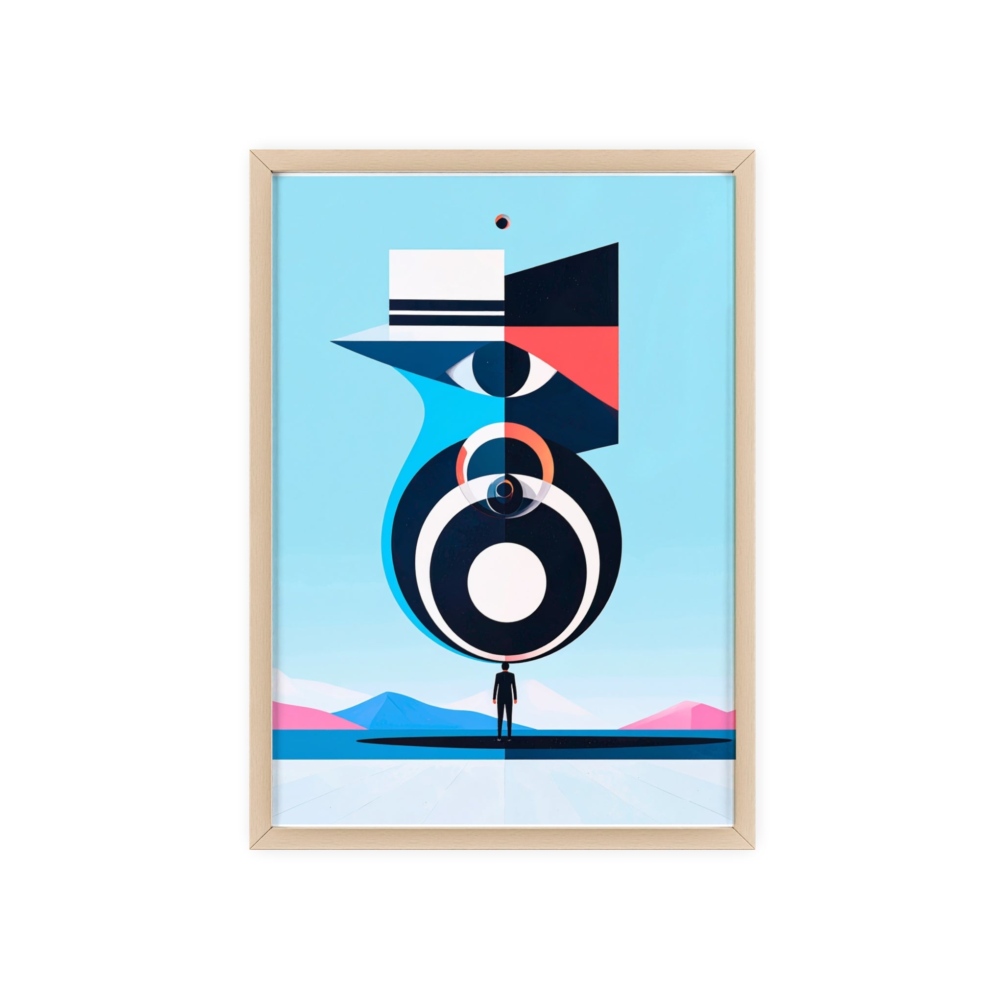 Abstract Geometric Bird Poster with Wooden Frame — Modern Minimalist Wall Art