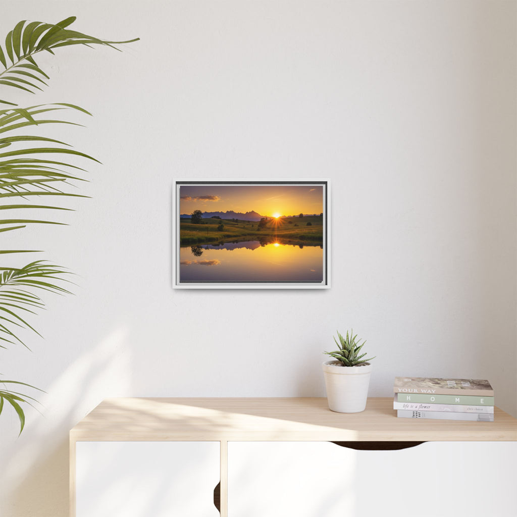 Framed Matte Canvas Sunset Landscape — Serene Lake Reflection Wall Art