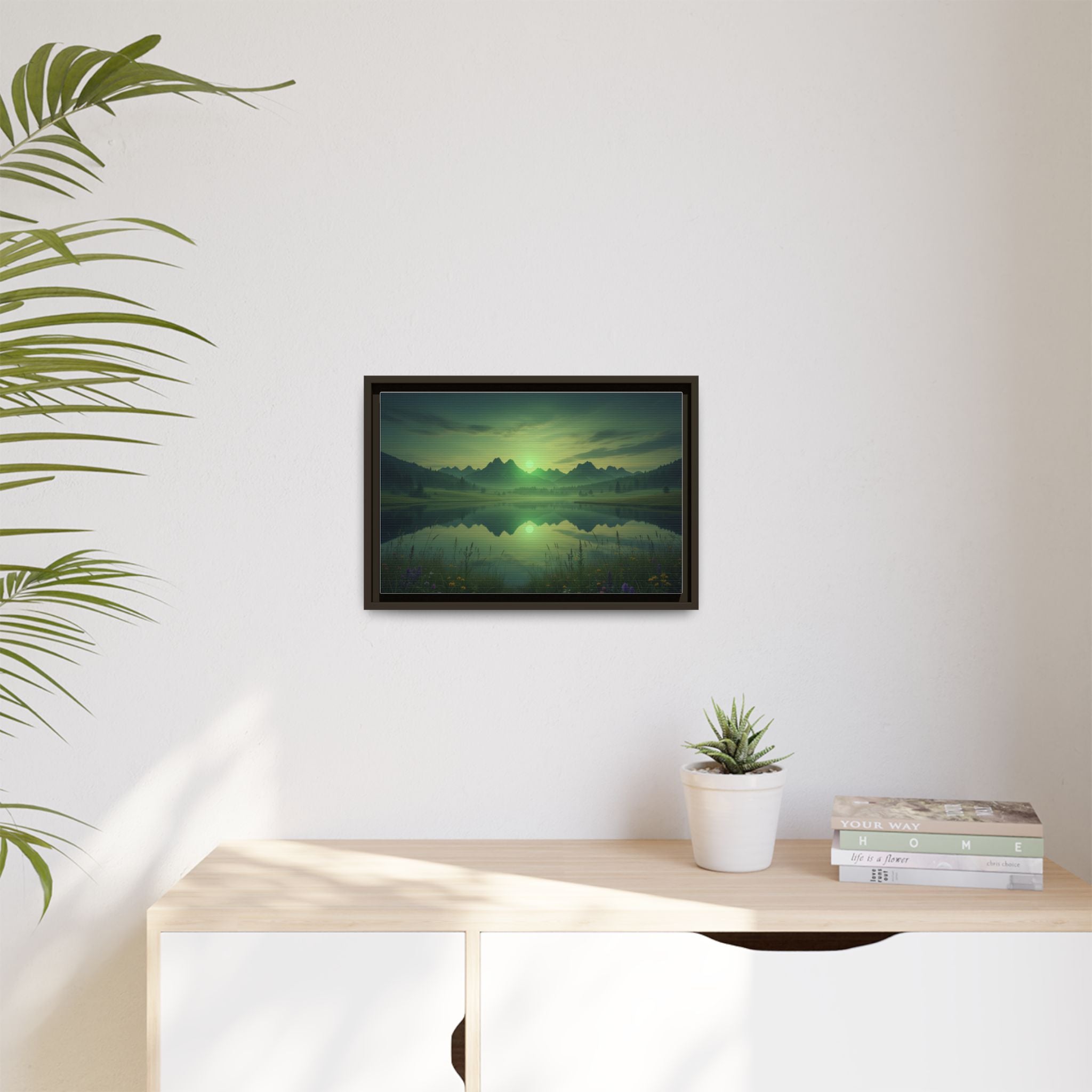Framed Matte Canvas Print — Serene Green Mountain Lake Landscape