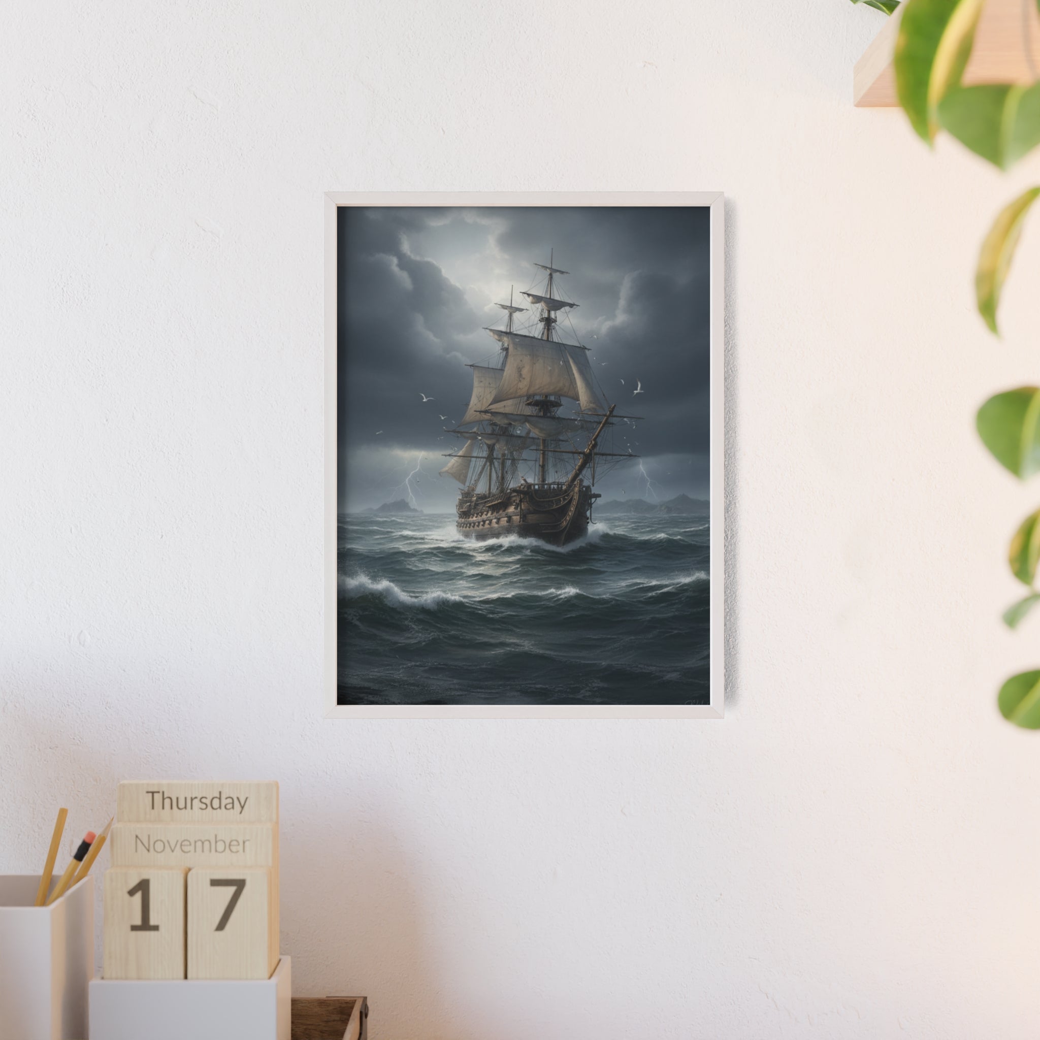 Framed Stormy Sea Ship Poster — Nautical Wall Art with Wooden Frame