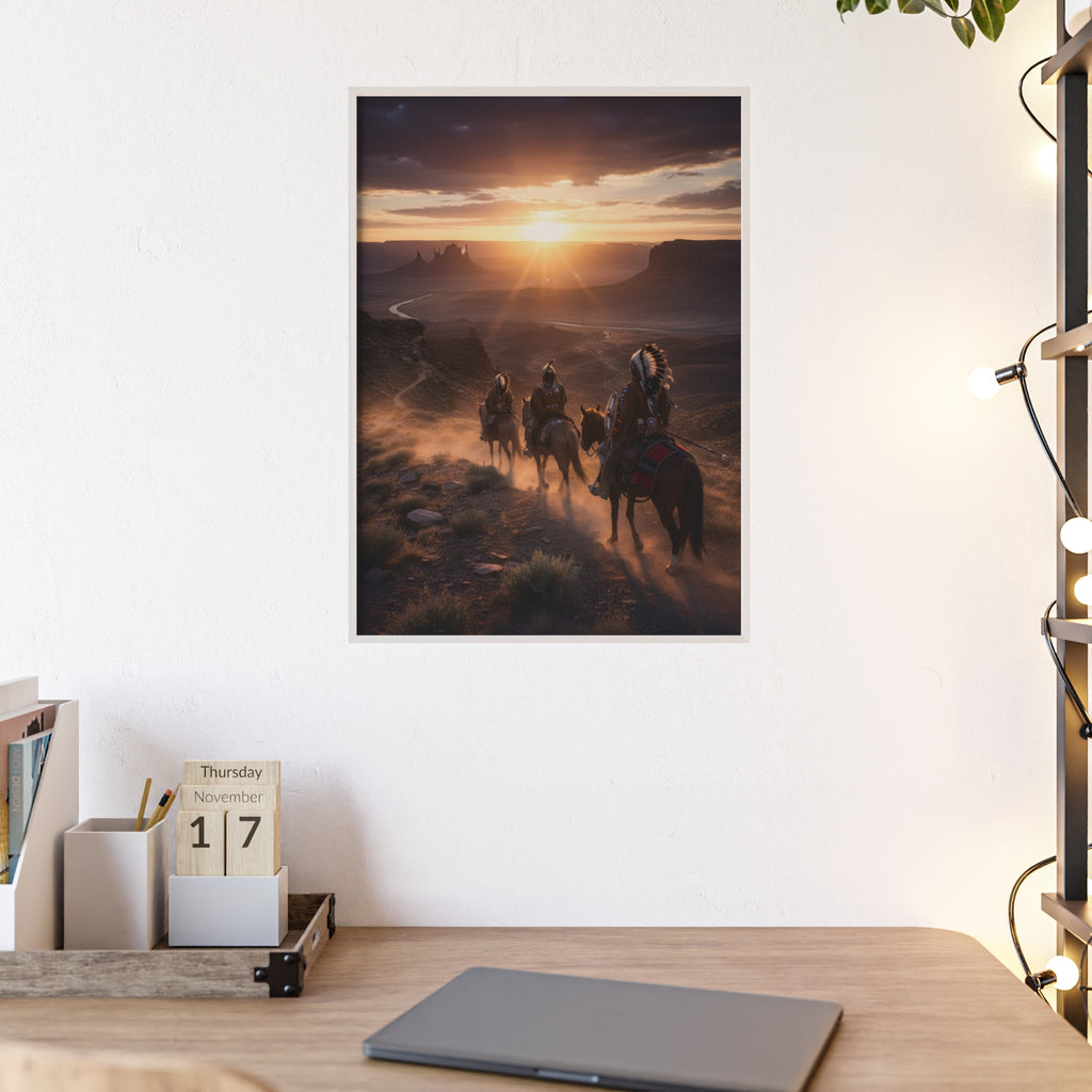 Framed Western Sunset Poster — Native Riders on Horseback Wall Art