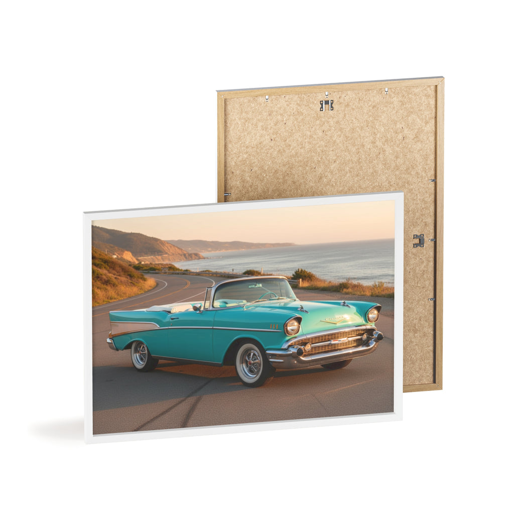 Vintage Teal Classic Car Poster with Wooden Frame — Coastal Road Print