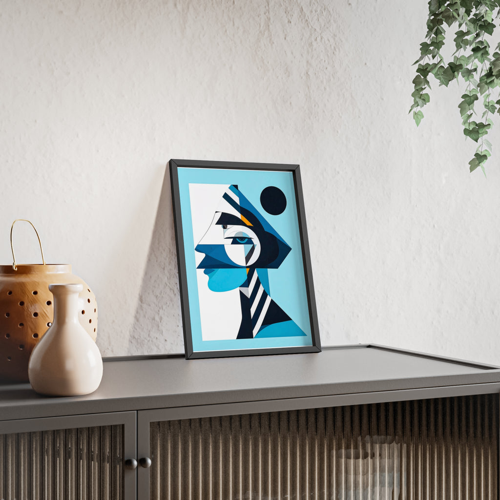 Abstract Geometric Portrait Poster with Wooden Frame — Blue Modern Wall Art