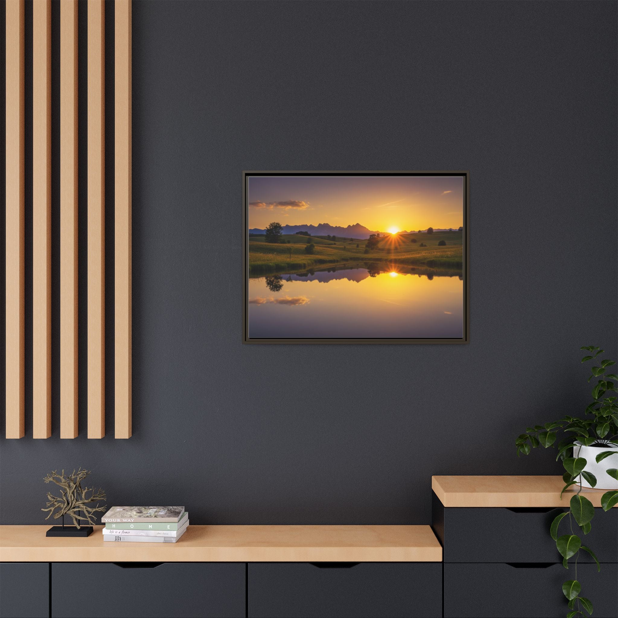 Framed Matte Canvas Sunset Landscape — Serene Lake Reflection Wall Art