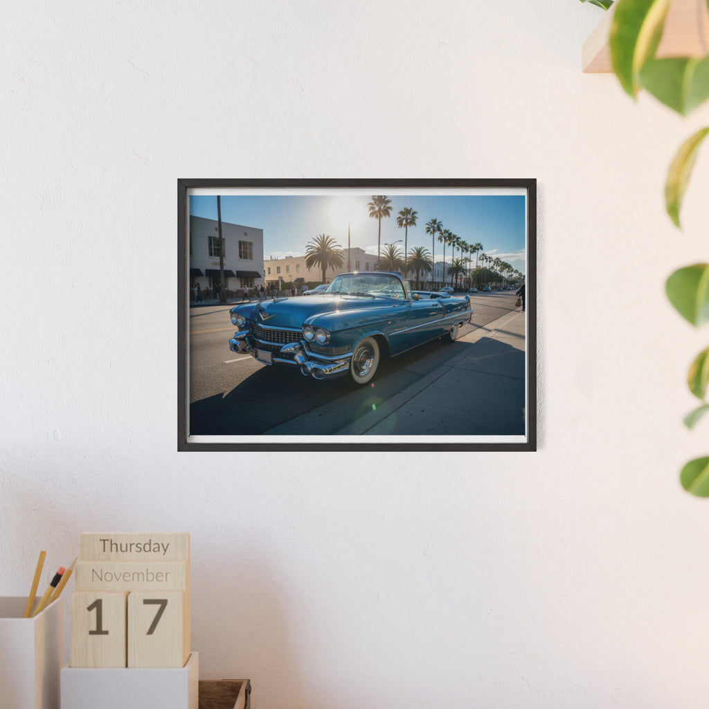 Framed Vintage Cadillac Poster – Retro Palm-Tree Coastal Car Wall Art