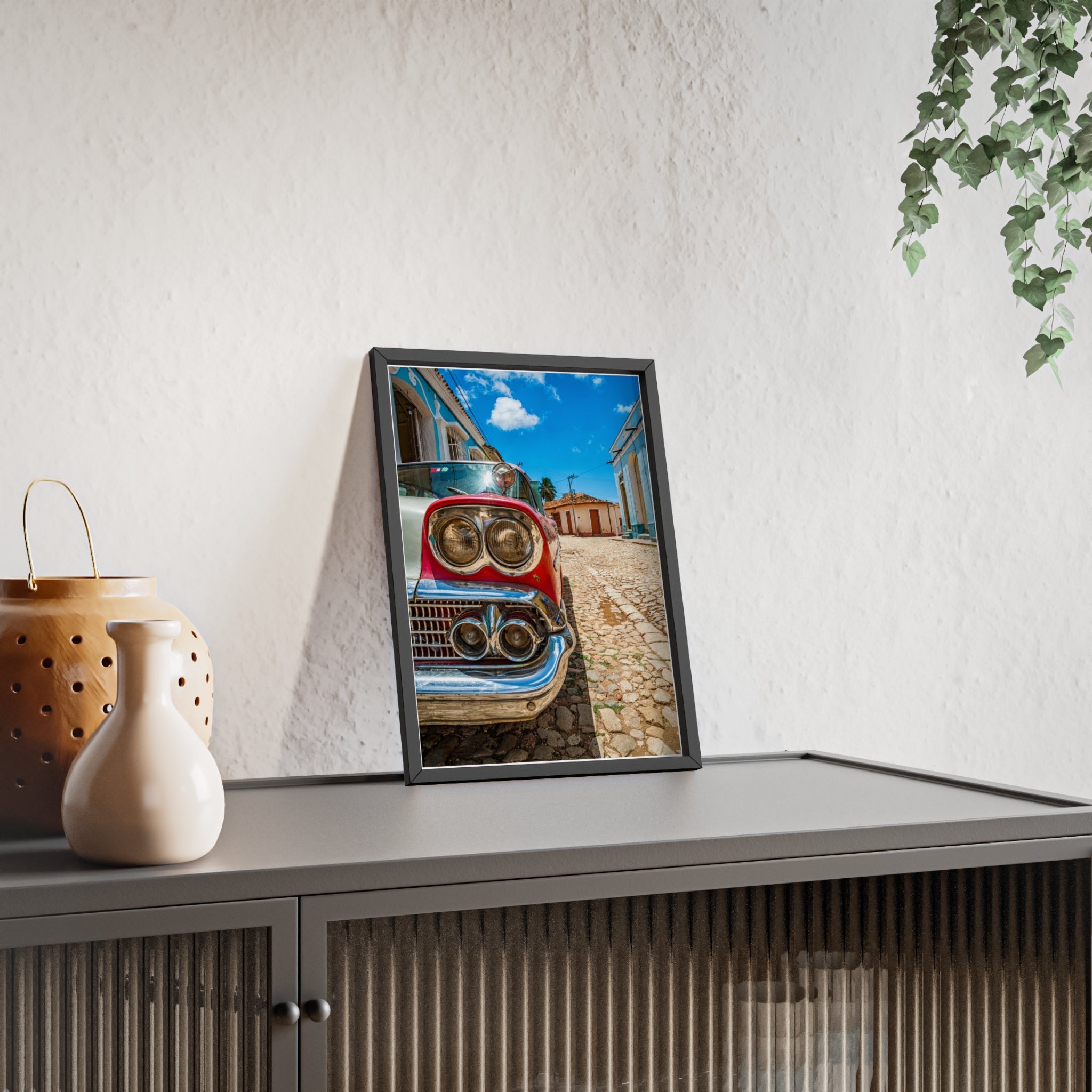Vintage Classic Car Poster with Wooden Frame — Retro Cuba Street Photography Wall Art