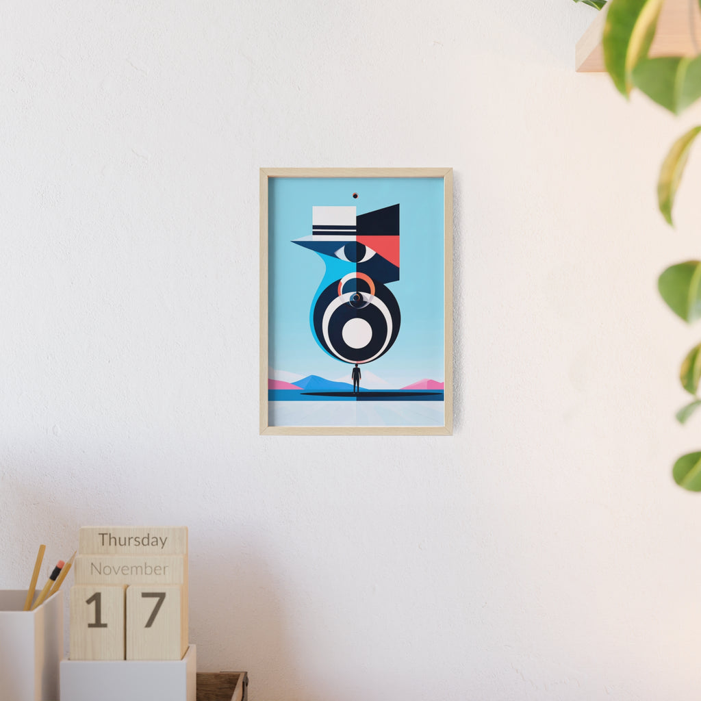 Abstract Geometric Bird Poster with Wooden Frame — Modern Minimalist Wall Art
