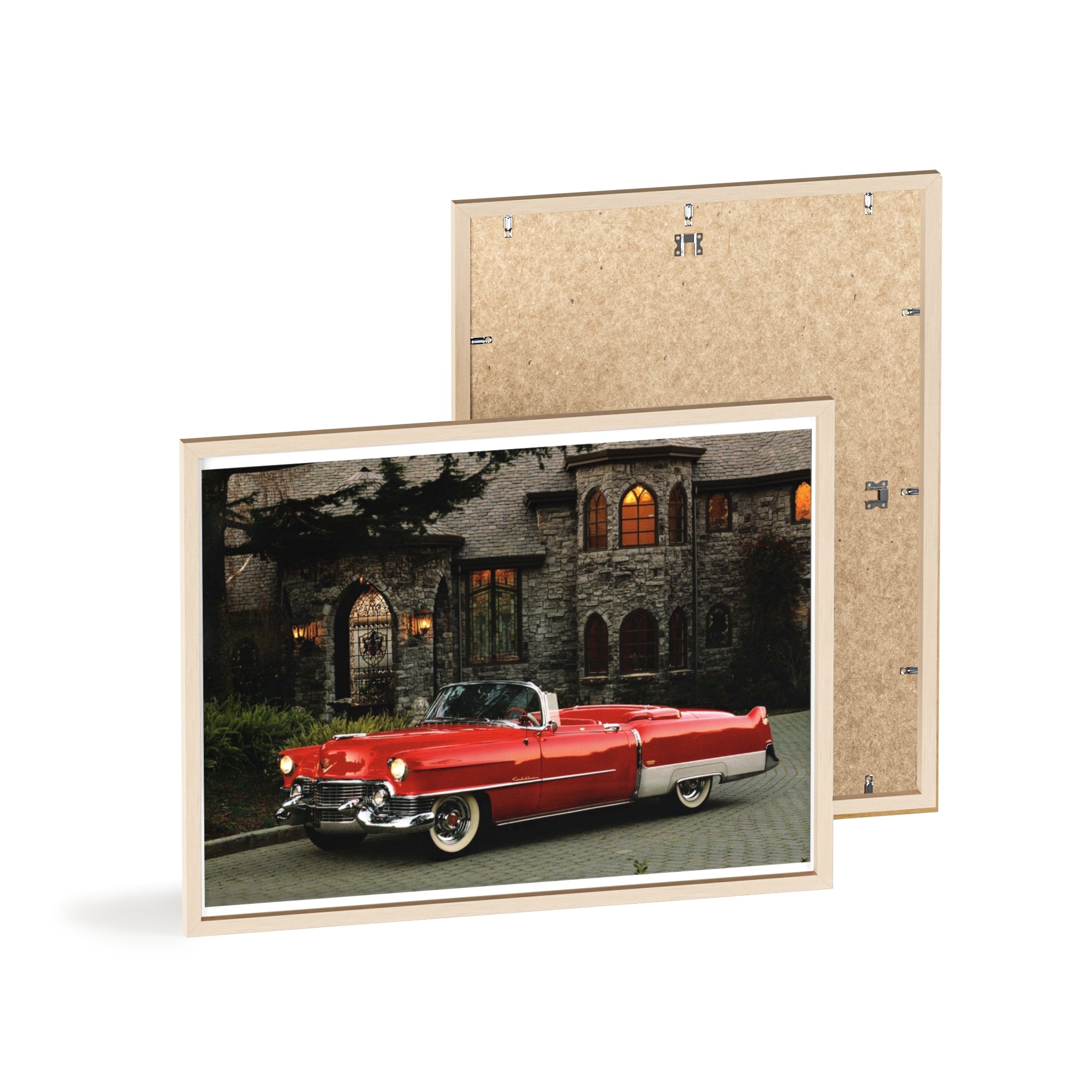 Vintage Red Convertible Poster with Wooden Frame — Classic Car Wall Art
