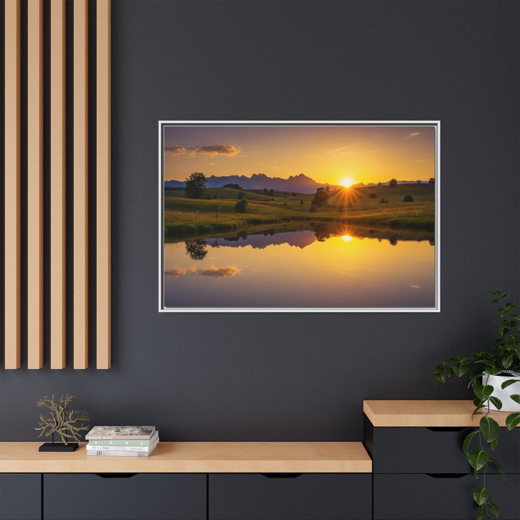 Framed Matte Canvas Sunset Landscape — Serene Lake Reflection Wall Art