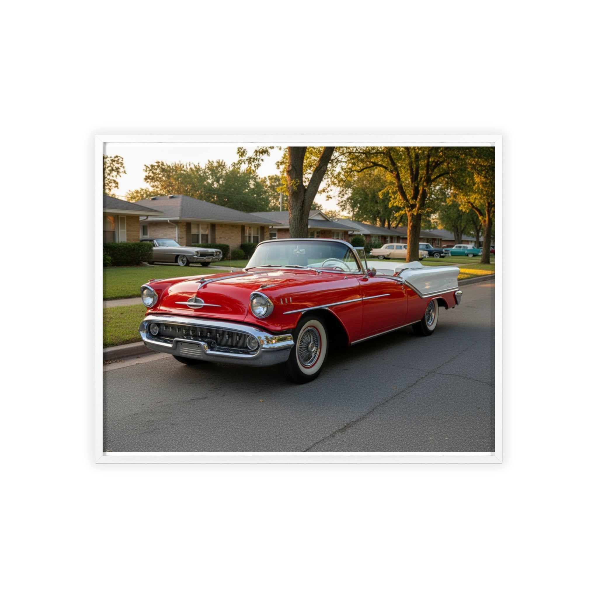 Vintage Red Convertible Poster with Wooden Frame — Classic Car Wall Art