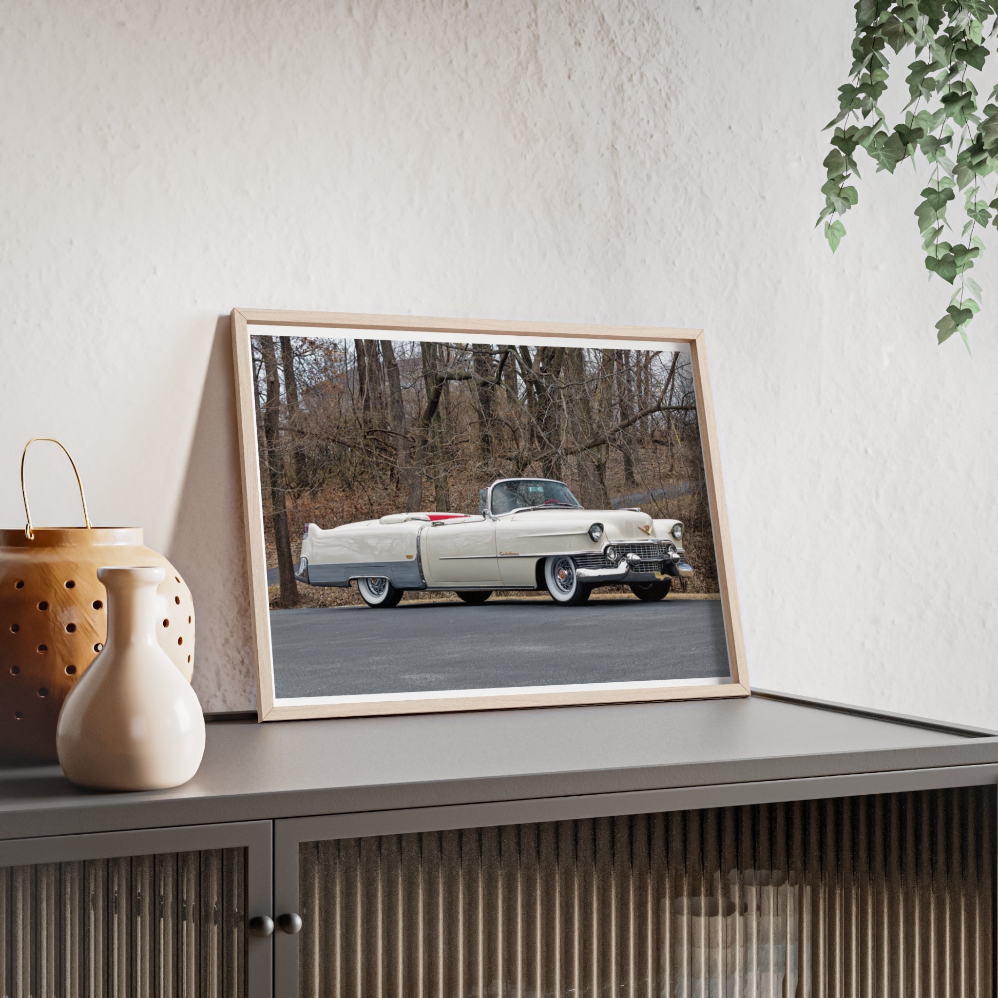 Vintage 1950s White Cadillac Poster with Wooden Frame - Classic Car Wall Art
