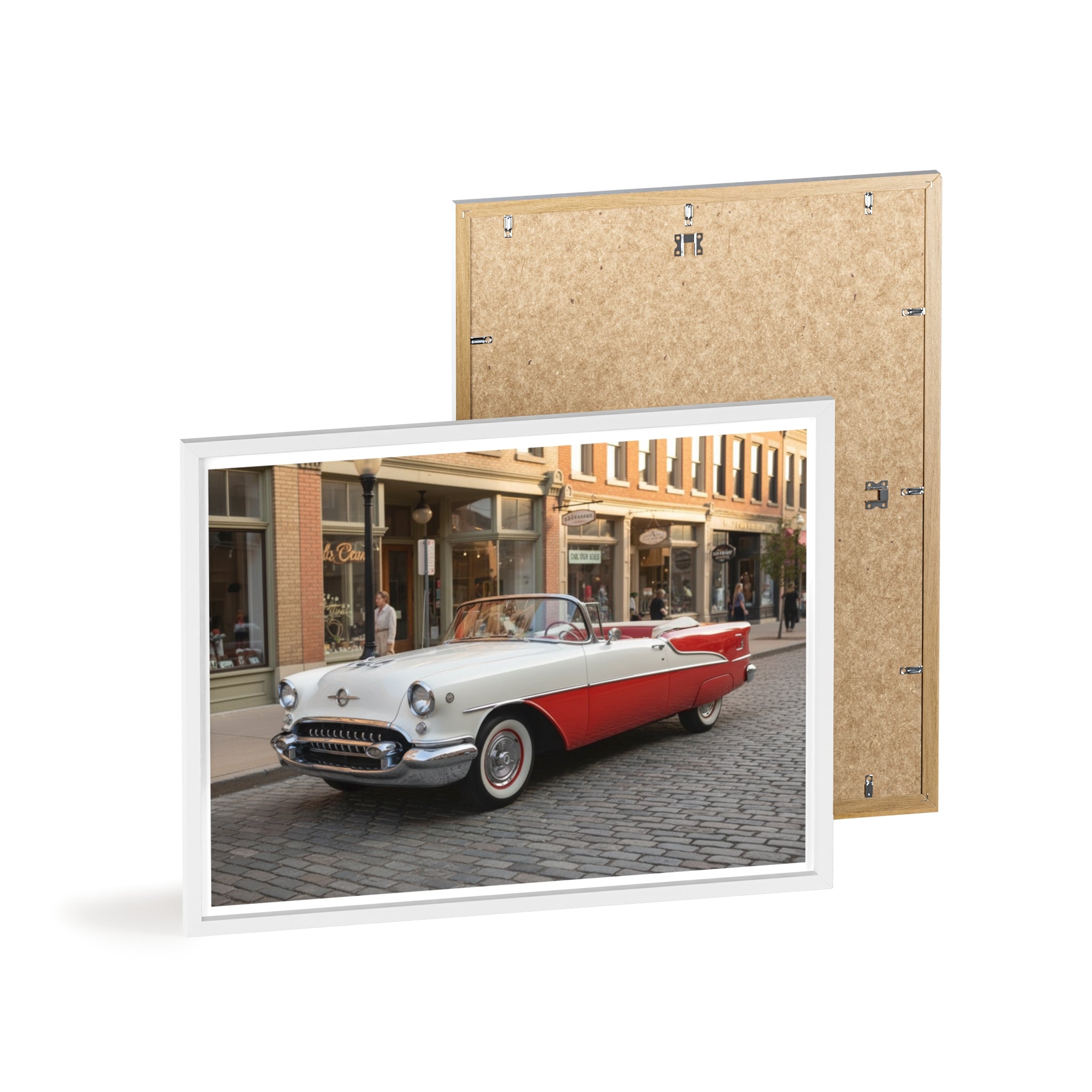 Vintage Red & White Convertible Poster with Wooden Frame — Retro Car Wall Art