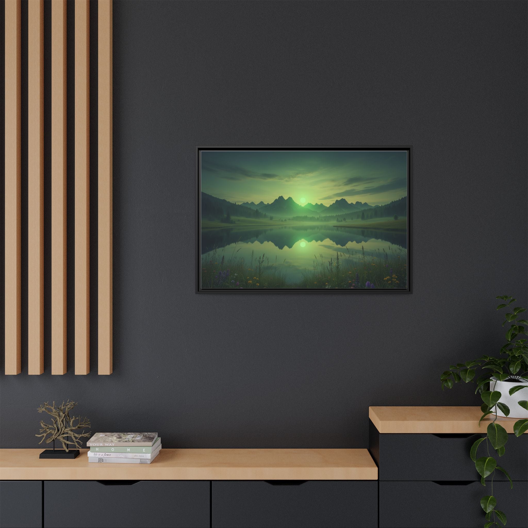 Framed Matte Canvas Print — Serene Green Mountain Lake Landscape