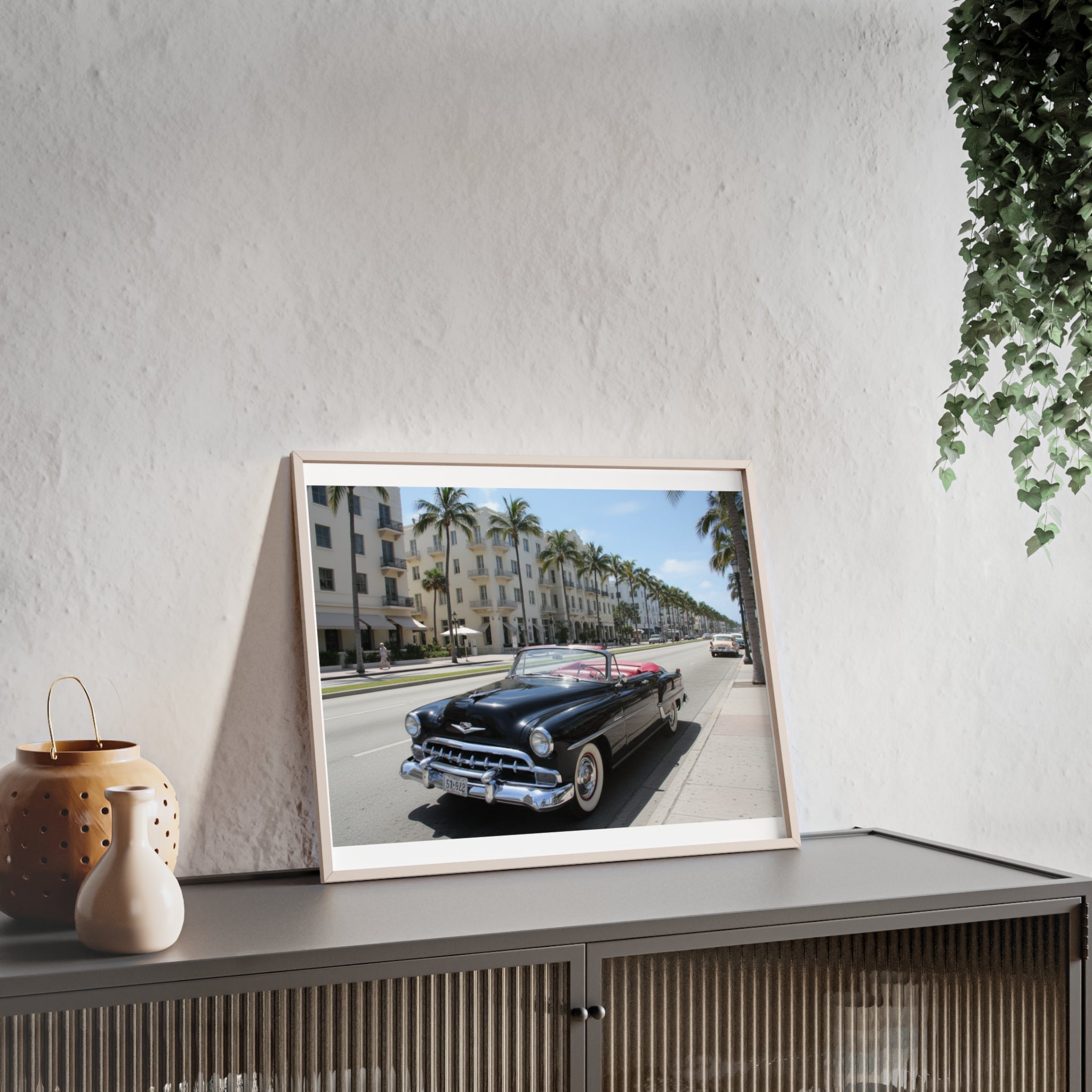 Vintage Convertible on Ocean Drive Framed Poster – Retro Classic Car Wall Art